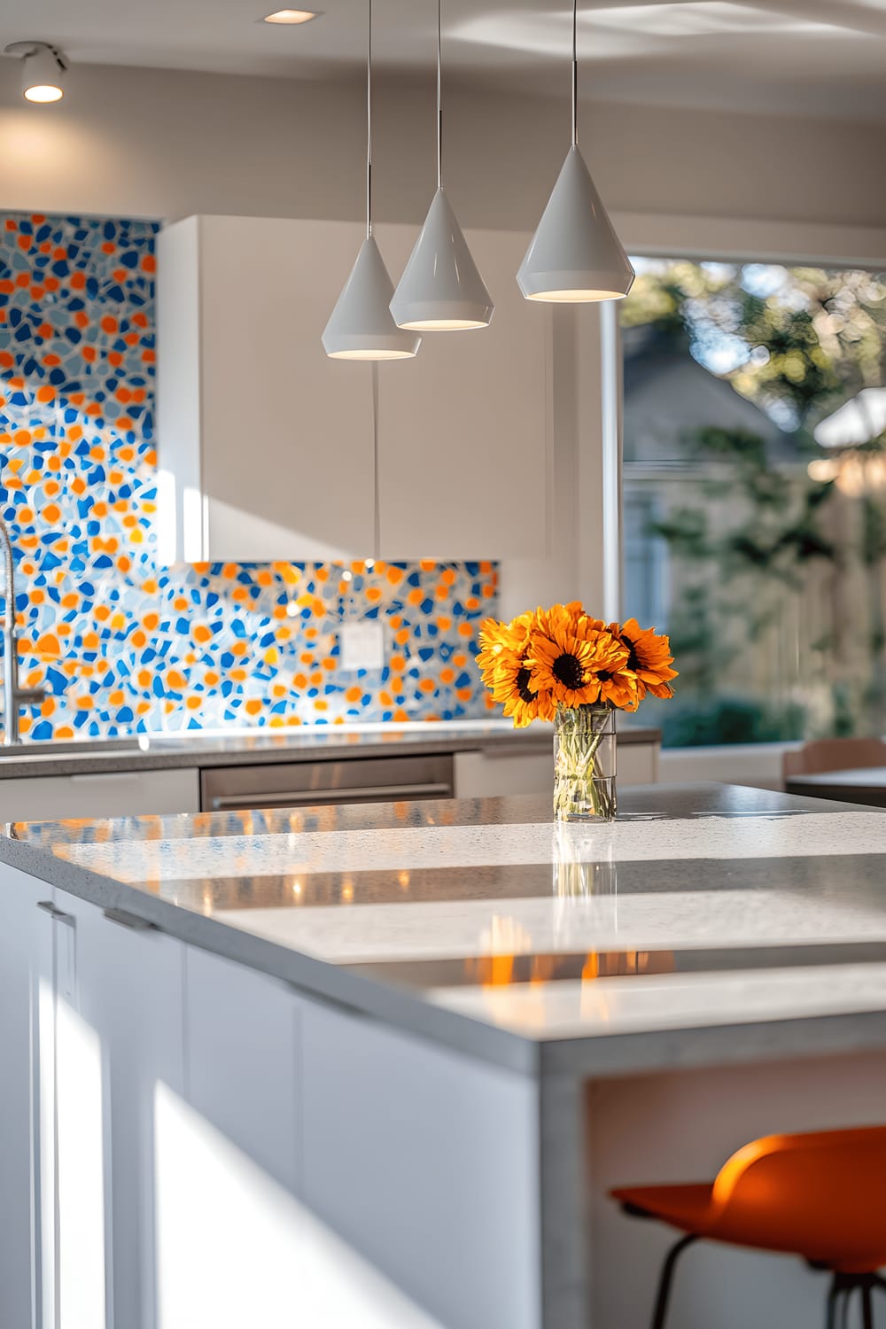 A top-down view of a modern kitchen featuring a rectangular island with a polished concrete countertop. The kitchen exhibits white cabinets and a vibrant mosaic backsplash with shades of blue and orange. From above, three pendant lights cast dramatic shadows on the island's surface.