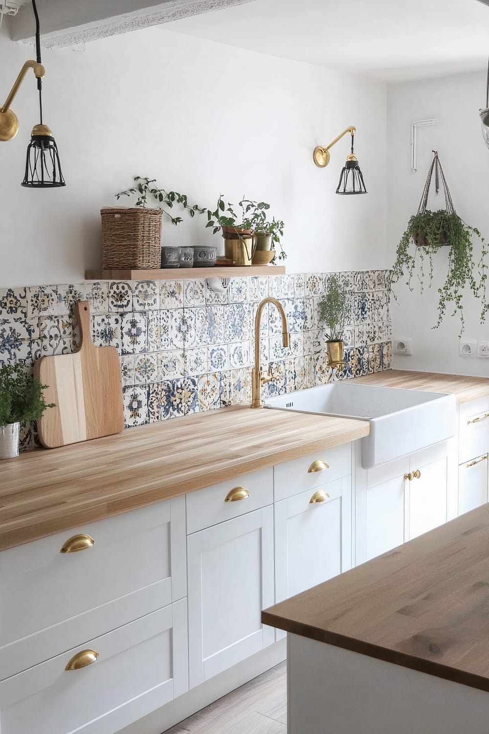 An elegant kitchen with white cabinets, light wood countertops, and brass handles. The backsplash features intricately patterned blue and white tiles. Several potted plants are placed on the countertop and a wooden shelf, adding a touch of greenery. Brass wall sconces with black cage-like shades and a brass faucet accentuate the space.