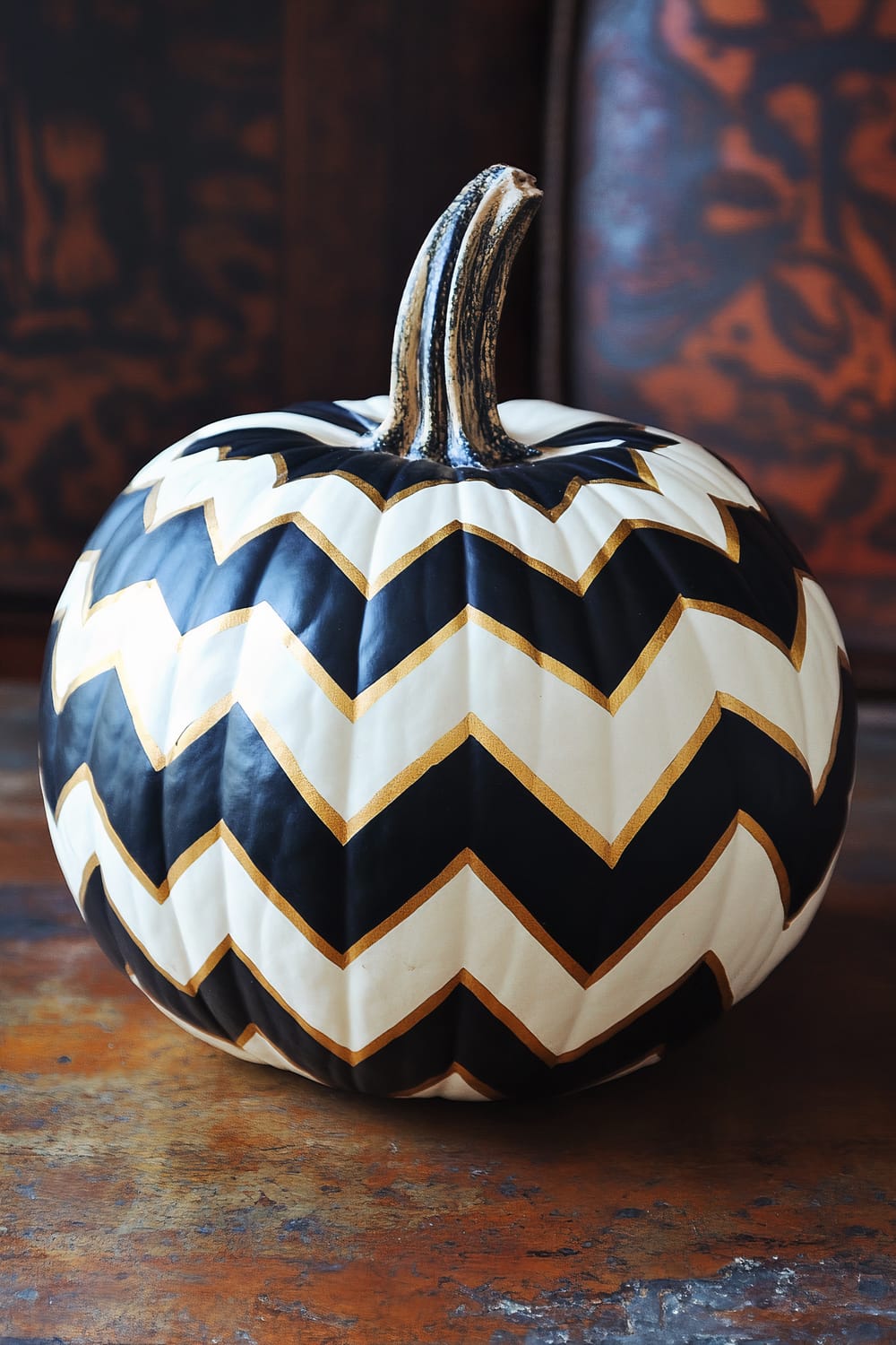 A pumpkin intricately painted with a bold chevron pattern in black, white, and gold. The background surfaces appear rustic with wooden textures in dark hues, emphasizing the elegant design of the pumpkin.