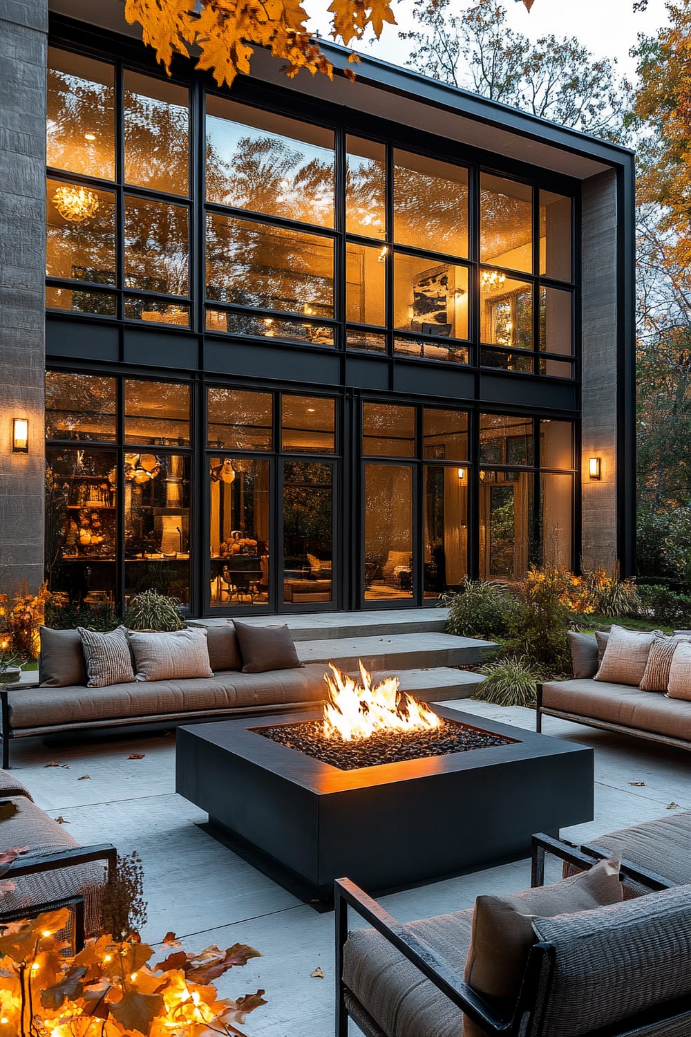 A modern outdoor patio in front of a two-story house with large glass windows. The patio features a square fire pit at the center surrounded by four grey cushioned sofas. The ambiance is warm with lit fire, glowing windows, and autumn leaves partially visible in the foreground and background.