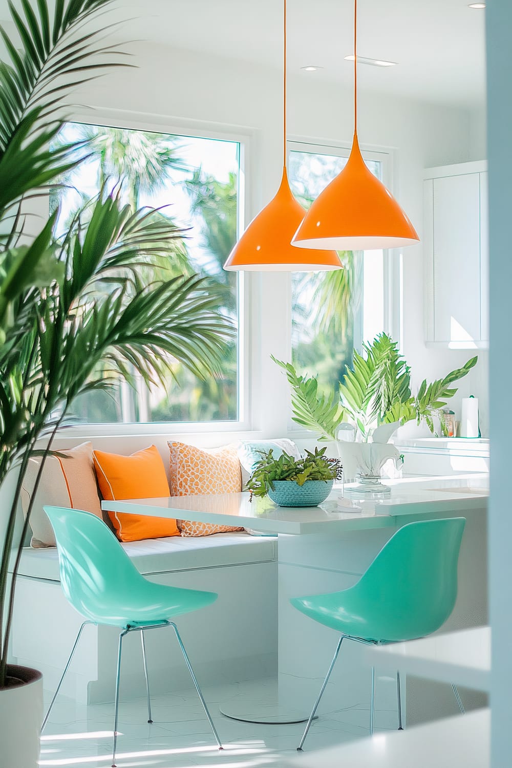 A bright and airy dining area with a modern tropical theme. The space includes a white built-in bench with orange and beige accent pillows, a white dining table, and two turquoise Eames-style chairs. Above the table hang two bold, orange pendant lights. The area is adorned with vibrant green plants and large windows that allow natural light to flood in, with a view of palm trees outside.