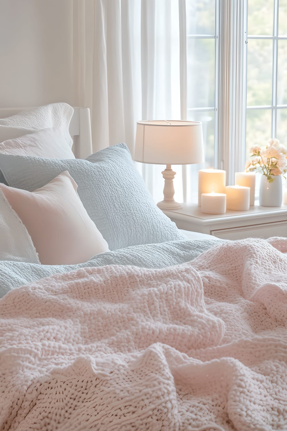 A tranquil bedroom scene with a neatly made bed layered with pastel-colored throw blankets in blush pink, light blue, and creamy white. Fluffy pillows in matching pastel tones are arranged against the headboard. On the nightstands and a small dresser, white and pink candles glow warmly, casting a gentle, cozy light. The room is softly lit by a bedside lamp and large windows with sheer white curtains, combining to create a serene and peaceful atmosphere.