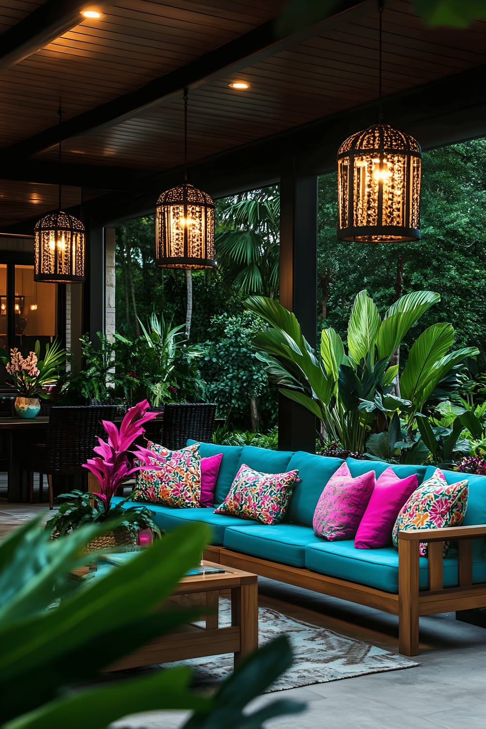 A contemporary outdoor patio with a tropical Malaysian flair at twilight. The setting features sleek teak furniture including a sofa and chair, both adorned with vibrant teal and fuchsia patterned cushions. Large potted monstera and bird of paradise plants add a lush greenery to the scene, while modern pendant lights with intricate designs light up the area. The sky in the background is a gradient of pink and purple dusk.