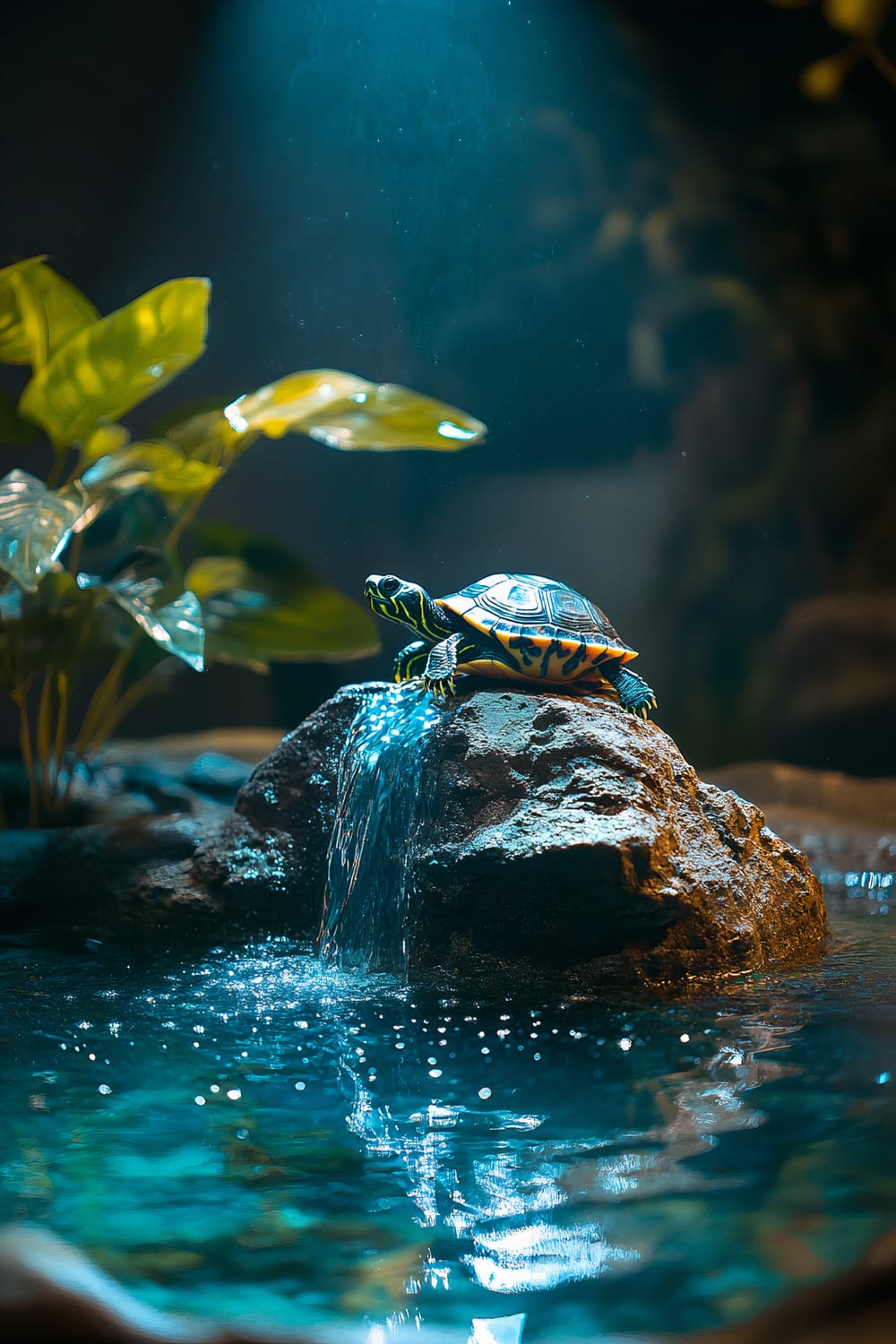 A small turtle with distinctive yellow and black markings is perched on a rock in an illuminated indoor terrarium. Water cascades down the rock into a clear, blue pond below, creating a tranquil scene. Lush green plants surround the rock, adding a natural touch to the environment, and the turtle is positioned under a focused beam of light, showcasing its shell and markings.