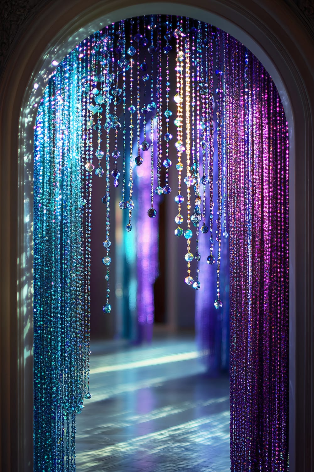 Elegant beaded curtains in shades of violet, sapphire, and emerald hang from an arched doorway. The beads sparkle as sunlight filters through, casting colorful reflections on the floor. The room behind the curtains is shadowy, creating a dreamy ambiance.