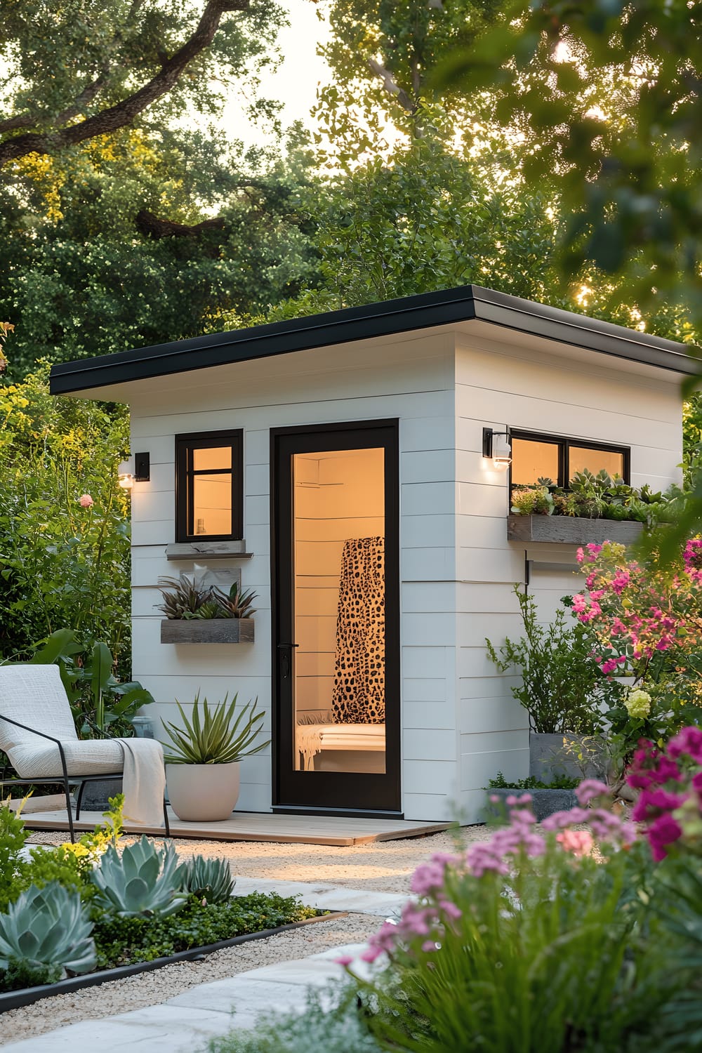 A serene garden setting featuring a small, modern shed with a white exterior adorned with colorful bohemian textiles. Around the shed, there are modern planters filled with an assortment of vibrant succulents and cascading blooms bathed in soft, diffused morning light.