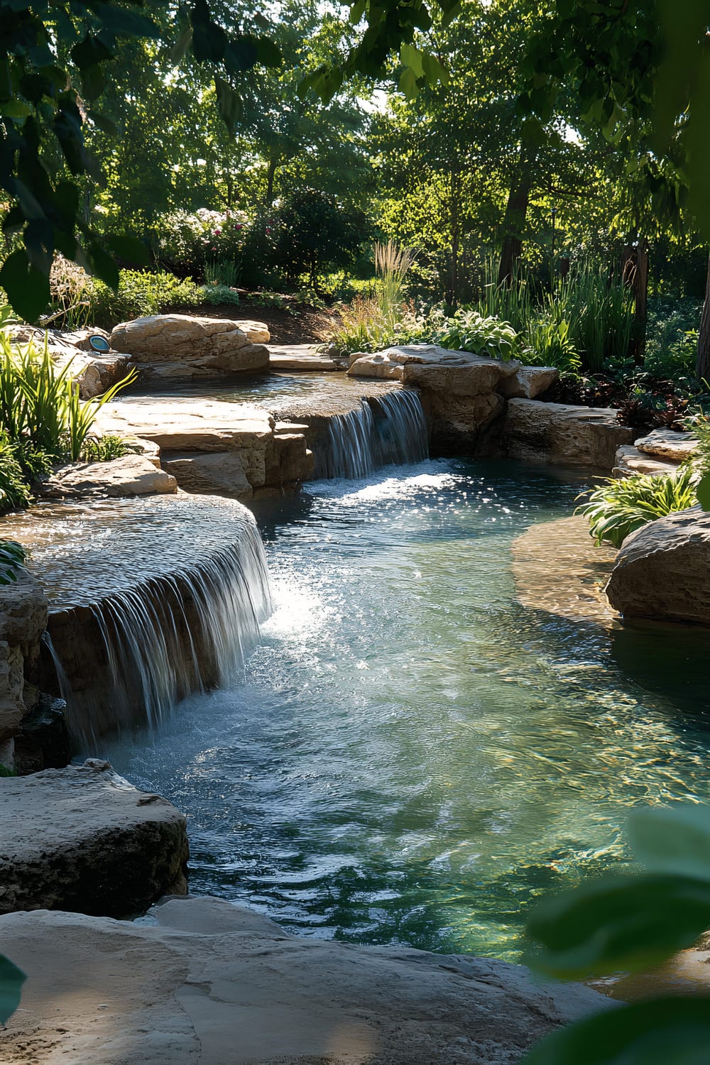 A stunning backyard landscape featuring a pool designed to mimic a natural pond, nestled among smooth rock formations. A waterfall cascades into the pool, surrounded by a variety of native plants. The view provides a sense of tranquility and connection with nature.