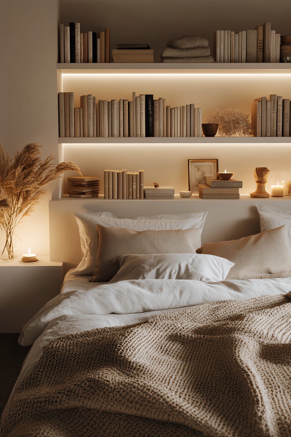 A modern cozy bedroom with minimalist bedding in neutral colors. Above the bed, there is a built-in shelf adorned with a curated display of books and decor items, illuminated by soft lighting. A knitted throw blanket and multiple pillows add texture and comfort to the bed. A small table beside the bed holds a candle and a vase with pampas grass, enhancing the inviting atmosphere.