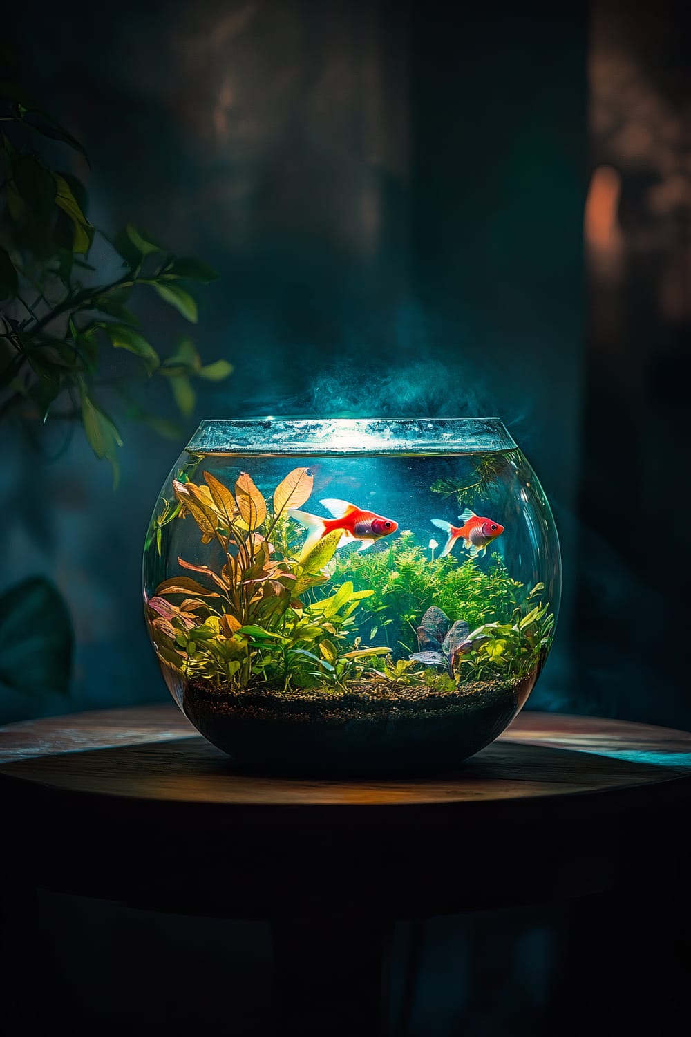 A small fishbowl placed on a wooden table, containing two goldfish and various aquatic plants. The fishbowl is illuminated with soft, ambient lighting, highlighting the vibrant colors of the fish and plants. The background is dimly lit, with a few out-of-focus green leaves visible.