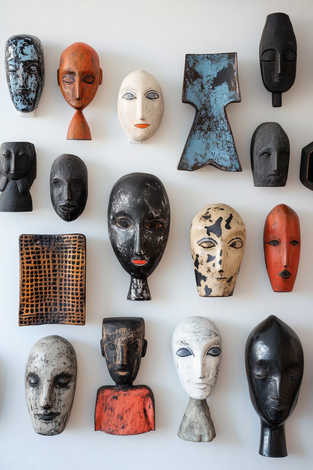 An asymmetrical gallery wall display featuring an array of decorative figurines, including abstract metal sculptures and colorful ceramic pieces in various sizes and styles. The figurines include masks and heads in shades of black, white, red, blue, and natural tones, arranged against a white background.