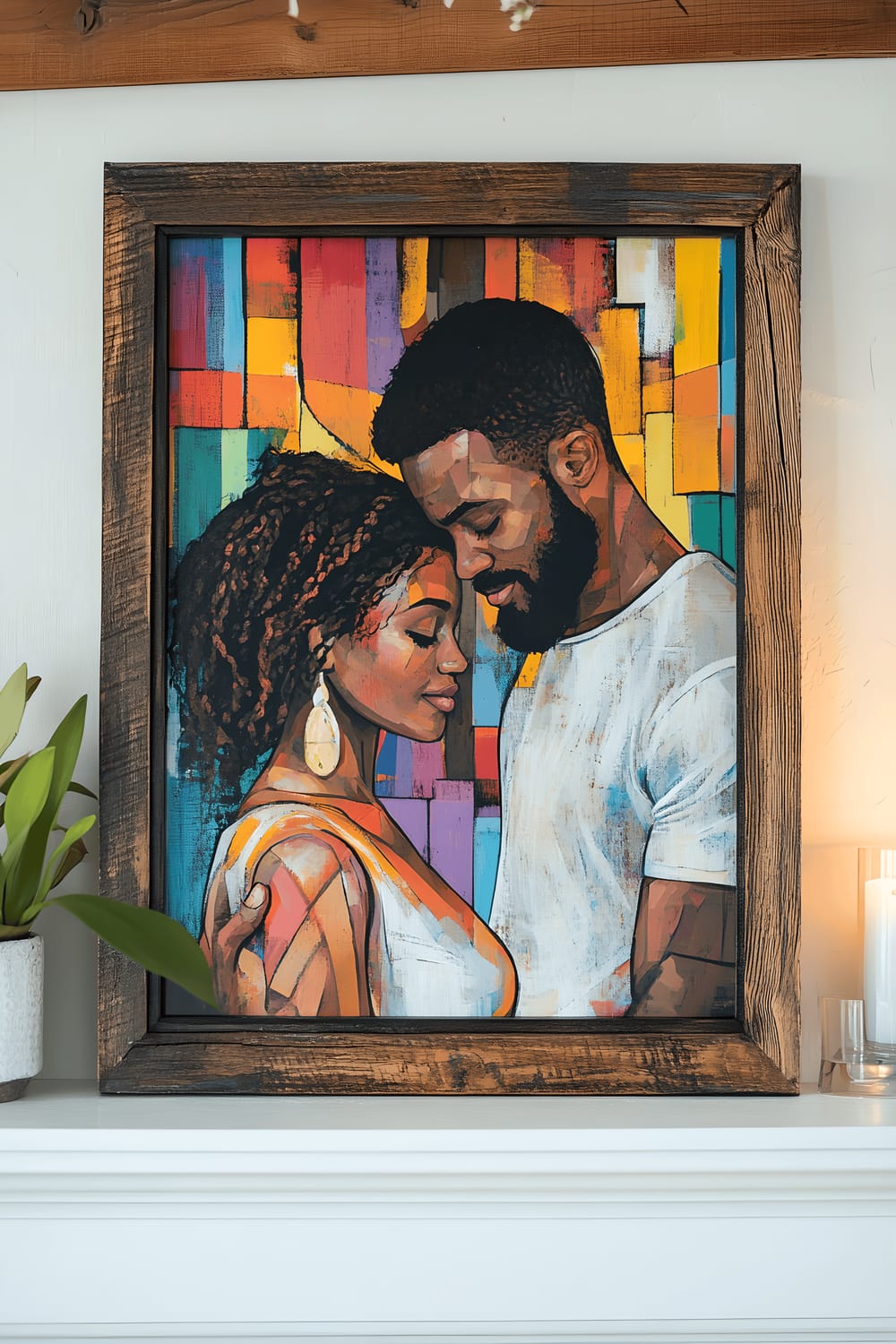 A modern rectangular frame made from reclaimed wood displays an artistic portrait of a couple embracing. It's positioned on a neat white mantel. Colorful abstract patterns enrich the background of the image within the frame. Positioned behind the frame, a soft LED lighting casts a gentle, warm glow onto the white mantel, enhancing the vibrant colors of the artwork and lending a modern vibe to the entire scene.