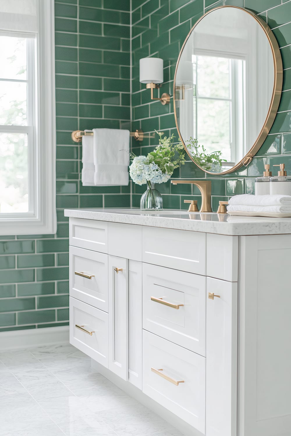 A bathroom featuring a white vanity with brass hardware and a marble countertop. Above the vanity hangs a round mirror with a brass frame. The walls are adorned with green subway tiles. To the left, a window allows natural light into the room. A vase with fresh flowers, two lotion dispensers, and neatly folded white towels are displayed on the countertop. A brass wall sconce with a white shade and a brass towel holder with a white towel hang on the green tiled wall.