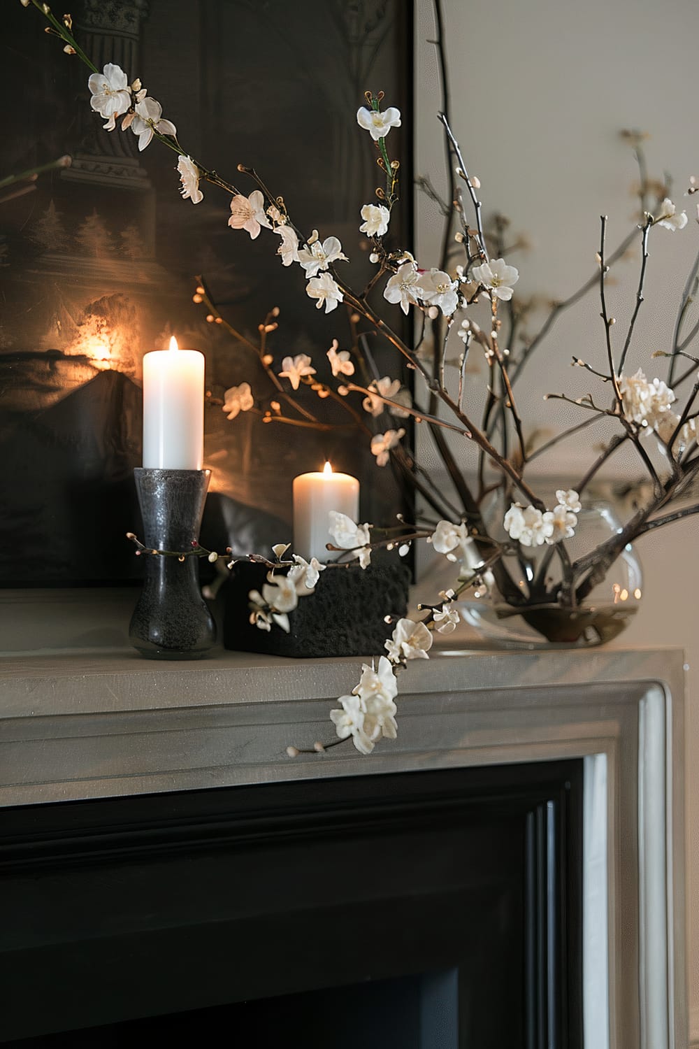 An elegant mantelpiece with two lit candles and delicate white blossoms. The candles are placed in dark holders, one tall and slender and the other short and square. The white blossoms are on thin branches arranged in a glass vase on the right side. The overall setting is refined and serene.