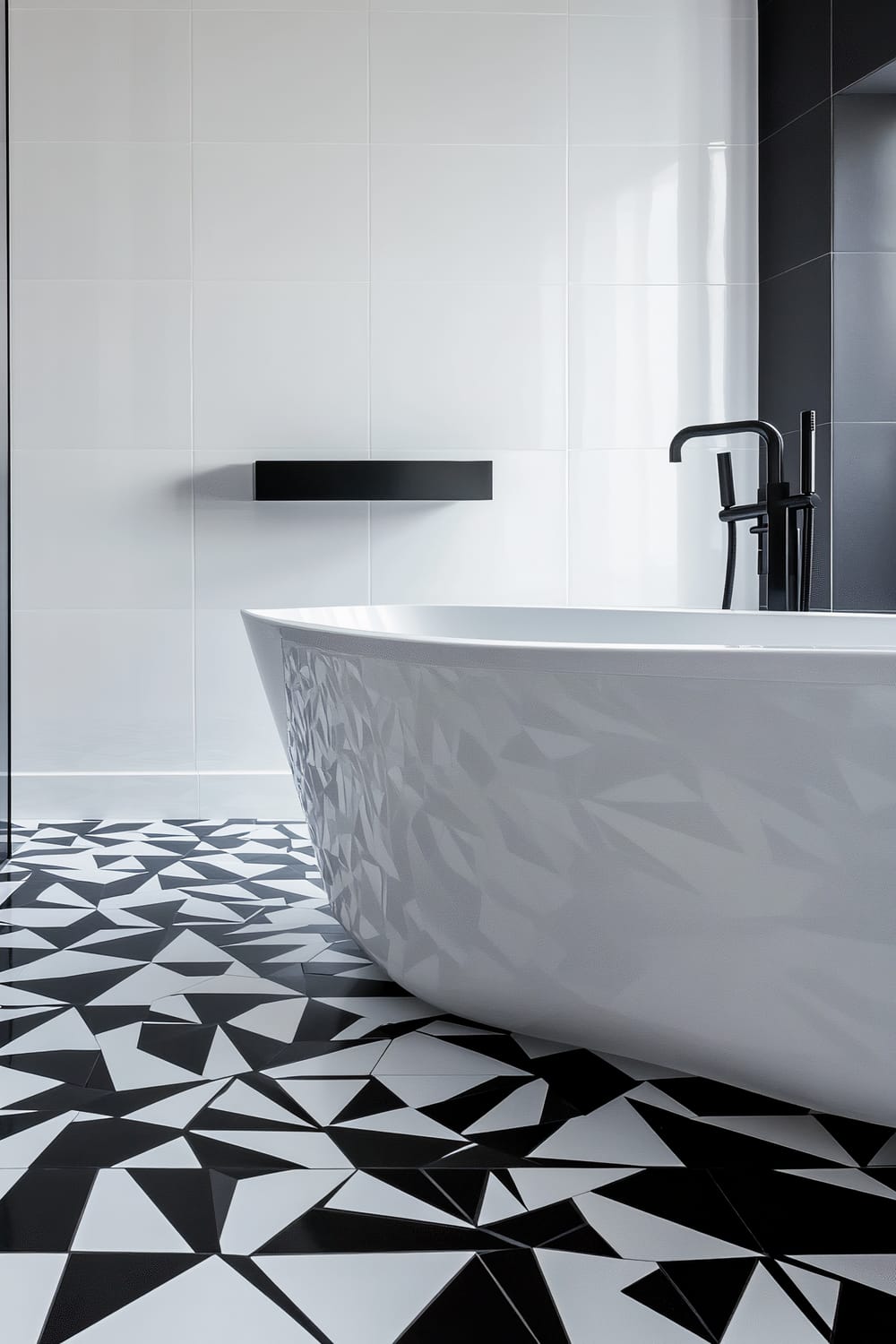 The image showcases a modern bathroom featuring a striking black and white geometric theme. Central to the scene is a freestanding white bathtub with subtle geometric texturing on its exterior surface. The bathtub's backdrop includes a diagonally aligned wall of glossy white tiles. The floor is adorned with a bold black and white triangular pattern, adding a dynamic and contemporary aesthetic. A minimalist black fixture and tap stand adjacent to the bathtub, contributing to the sleek and modern design of the space.