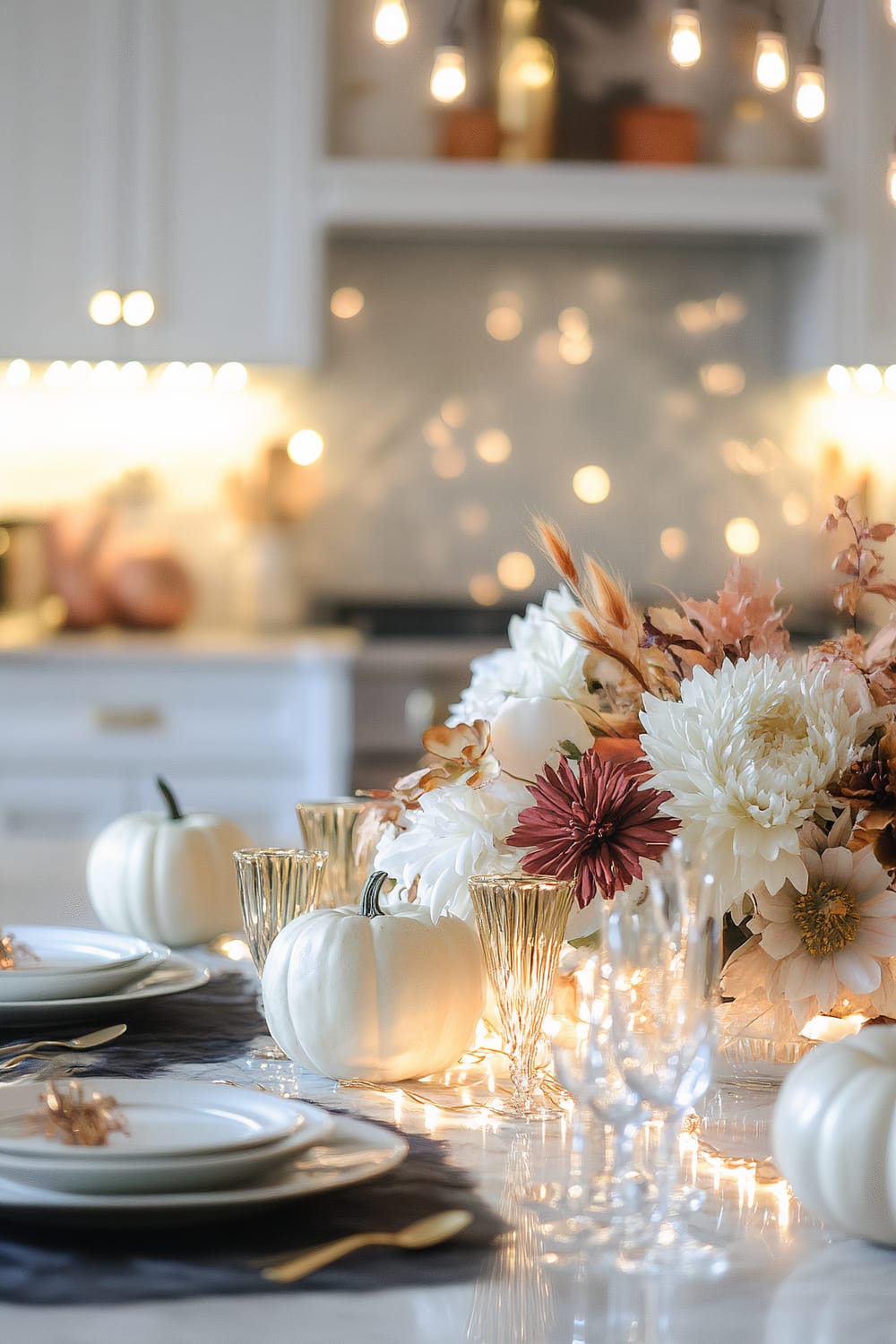 An elegantly set dining table decorated with white pumpkins, gold-rimmed glassware, and a centerpiece of white and burgundy flowers, highlighted by warm string lights. The background features a modern kitchen with soft, ambient lighting.