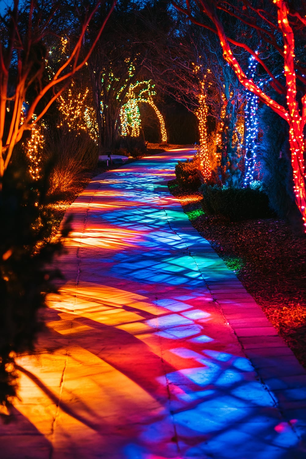 A pathway in a wooded area is adorned with colorful, festive lights wrapped around tree trunks and branches. The lights create a multicolored pattern on the path, casting vibrant hues of red, orange, blue, and green. The scene is set against a twilight sky, making the illuminated path stand out even more.