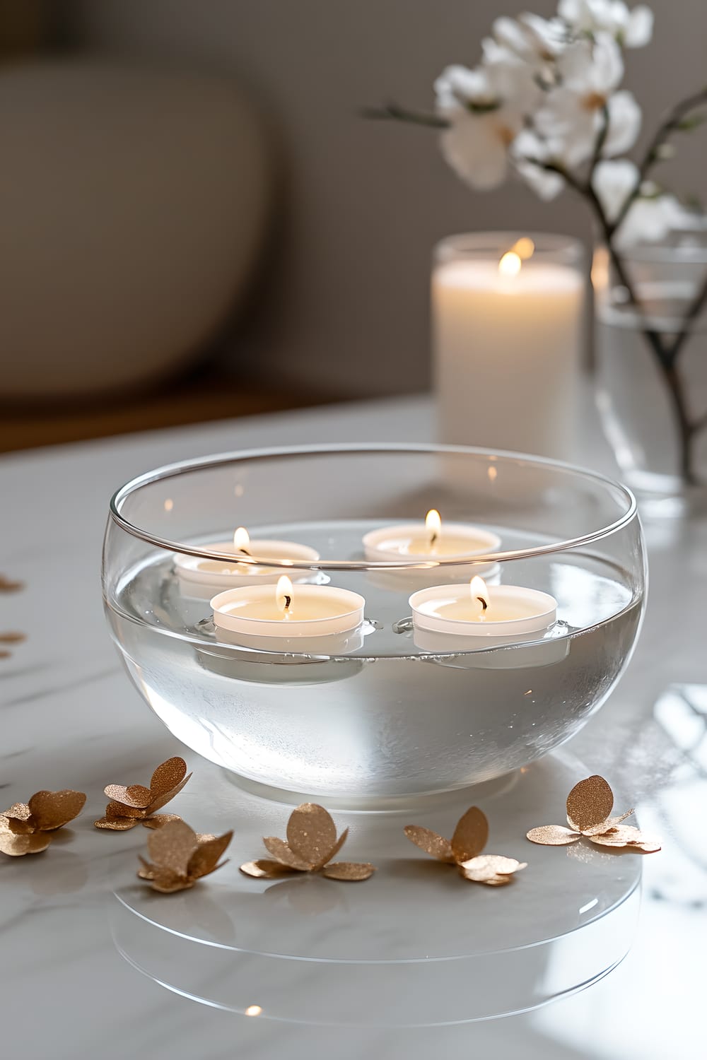 A clear glass bowl filled with water and five lit white floating candles, placed on a marble table which is adorned with golden confetti pieces and a small gold flower. The setup is bathed in soft ambient lighting, creating a serene and elegant scene.