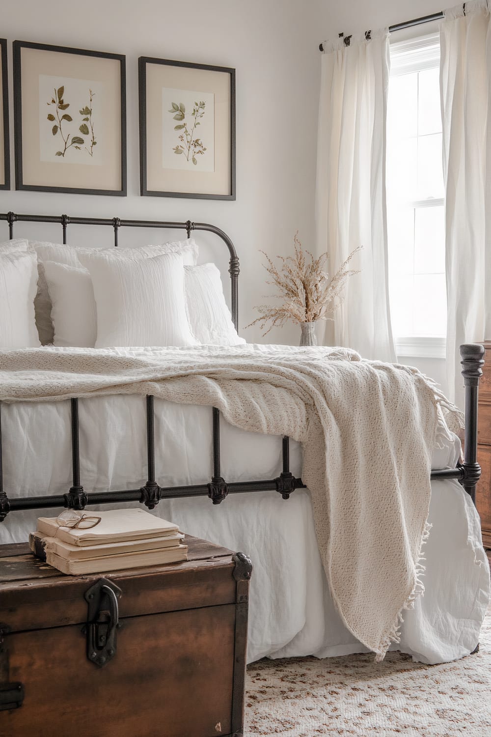 A peaceful bedroom with a black metal bedframe, accentuated by white bed linens and a textured cream throw blanket. Behind the bed, three framed botanical prints hang on a white wall, adding a touch of nature to the decor. On the side, a small vase with dried plants sits atop a wooden nightstand. Soft, white curtains hang open on a window, allowing natural light to illuminate the space. A chest with books and glasses rests at the foot of the bed on a patterned rug.