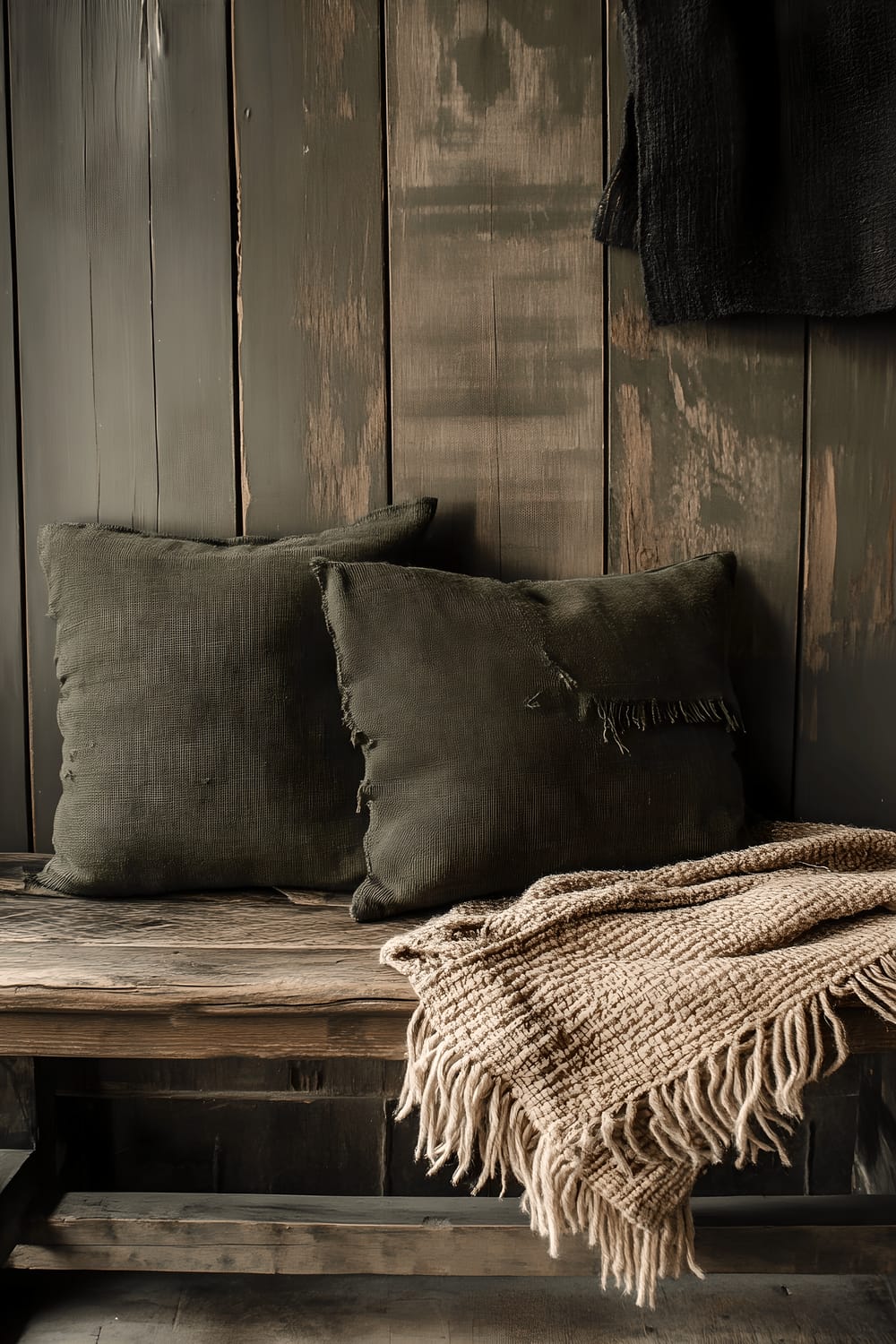 A rustic wooden bench adorned with cushion covers meticulously made from upcycled dark olive green military canvas. Woven wool throws in earthy tones are also arranged on the bench, complementing the raw, vintage aesthetic.