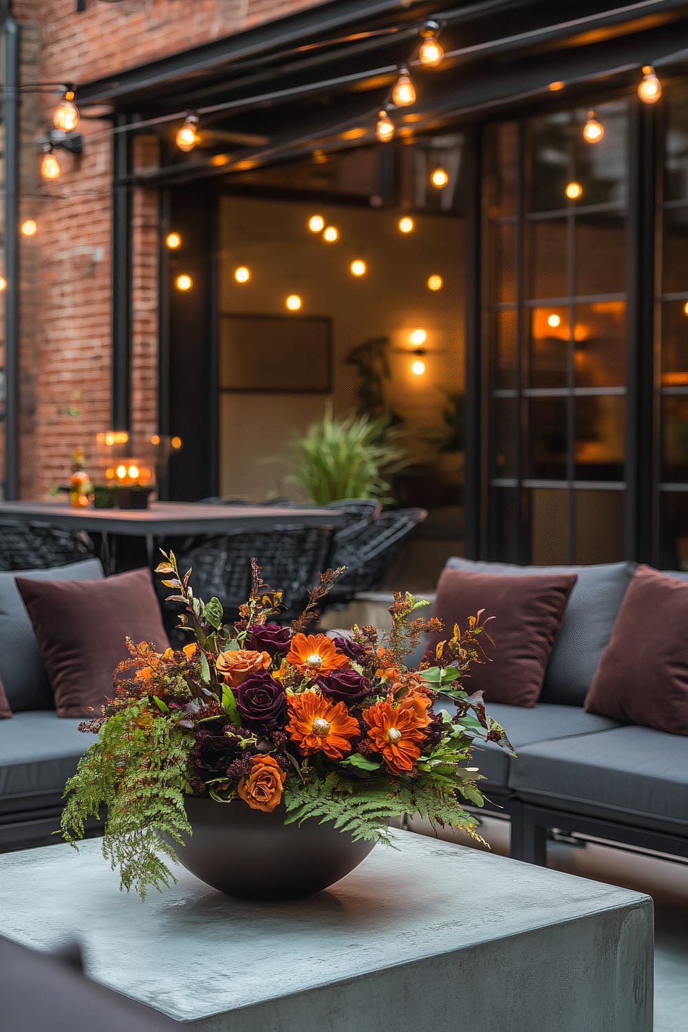 An outdoor seating area with gray sectional sofas adorned with dark red cushions. In the foreground, a concrete coffee table holds a decorative bowl filled with a vibrant floral arrangement featuring various shades of orange and deep red flowers, mixed with greenery. The background showcases string lights and a view into a warmly lit indoor space with large glass windows and brick walls.