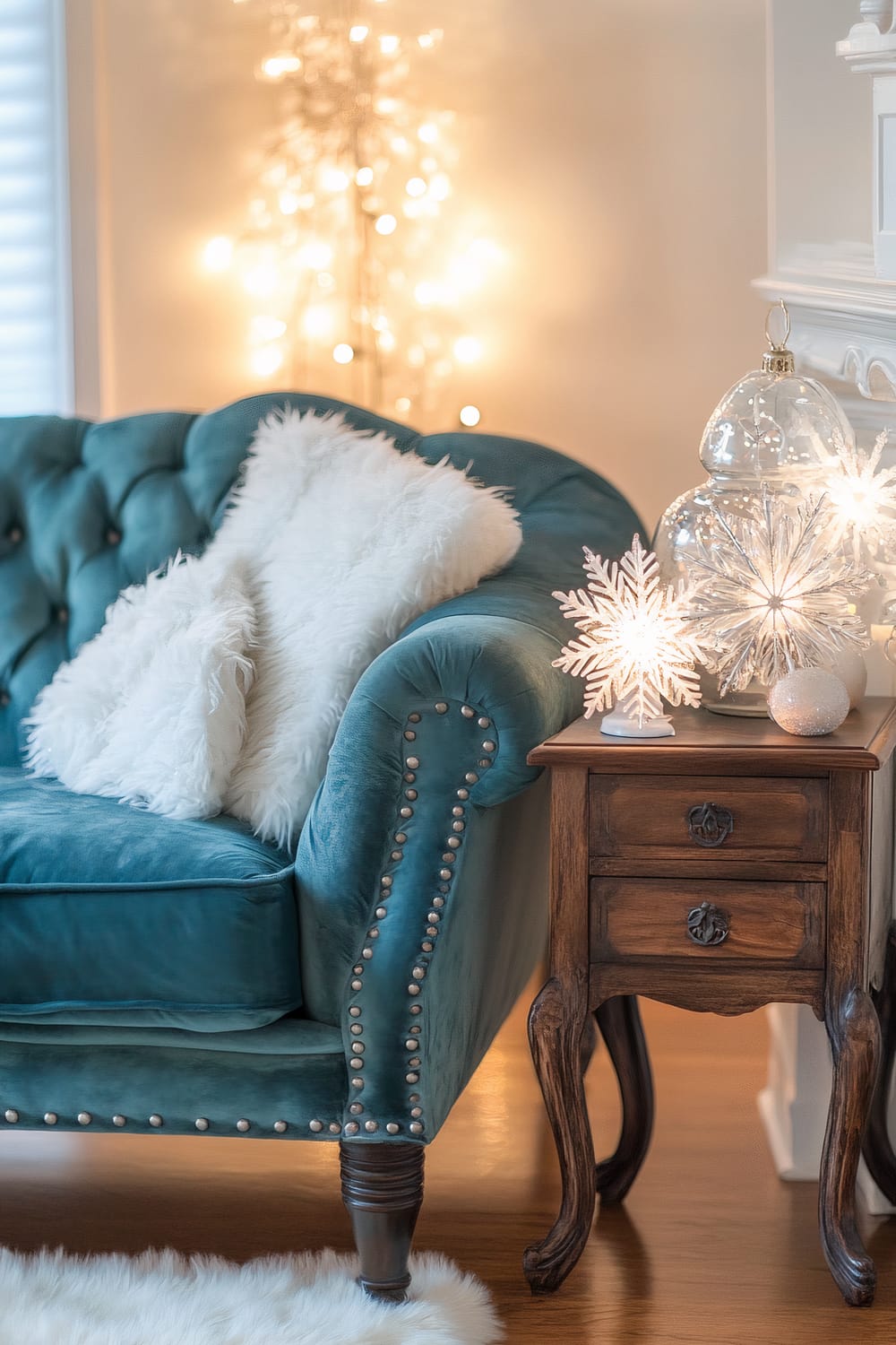 A vintage-style living room featuring a plush teal sofa adorned with white fluffy pillows. Next to the sofa is a wooden side table with ornate legs, on top of which are placed elegant white glass snowflake ornaments and a translucent glass ornament, all illuminated by gentle overhead lighting. In the background, warm string lights add a festive ambiance.