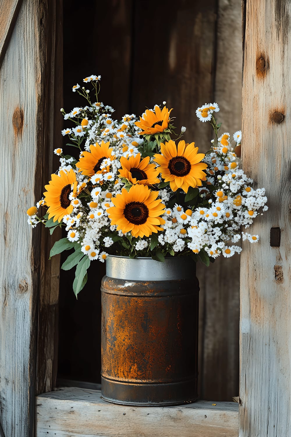 A rusted metal milk can repurposed as a planter spills a profusion of sunflowers, daisies, and baby's breath. It sits beside a weather-beaten wooden barn door on a patch of grass, capturing a sense of simple, pastoral beauty.