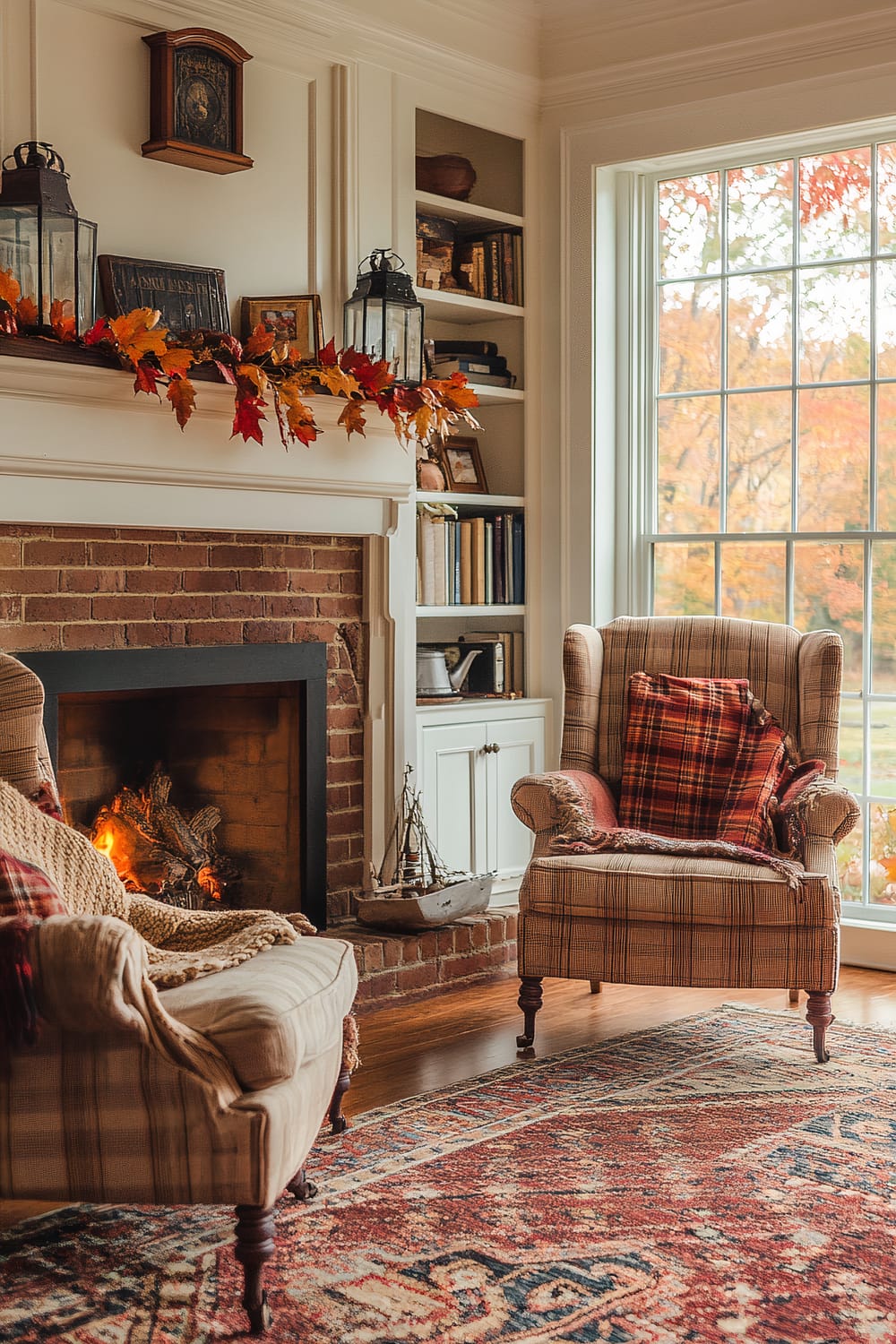 A warm living room with a brick fireplace, plaid armchairs, a large window with autumn foliage outside, and bookshelves filled with books and decorative items. The fireplace mantle is adorned with autumn leaves and lanterns.