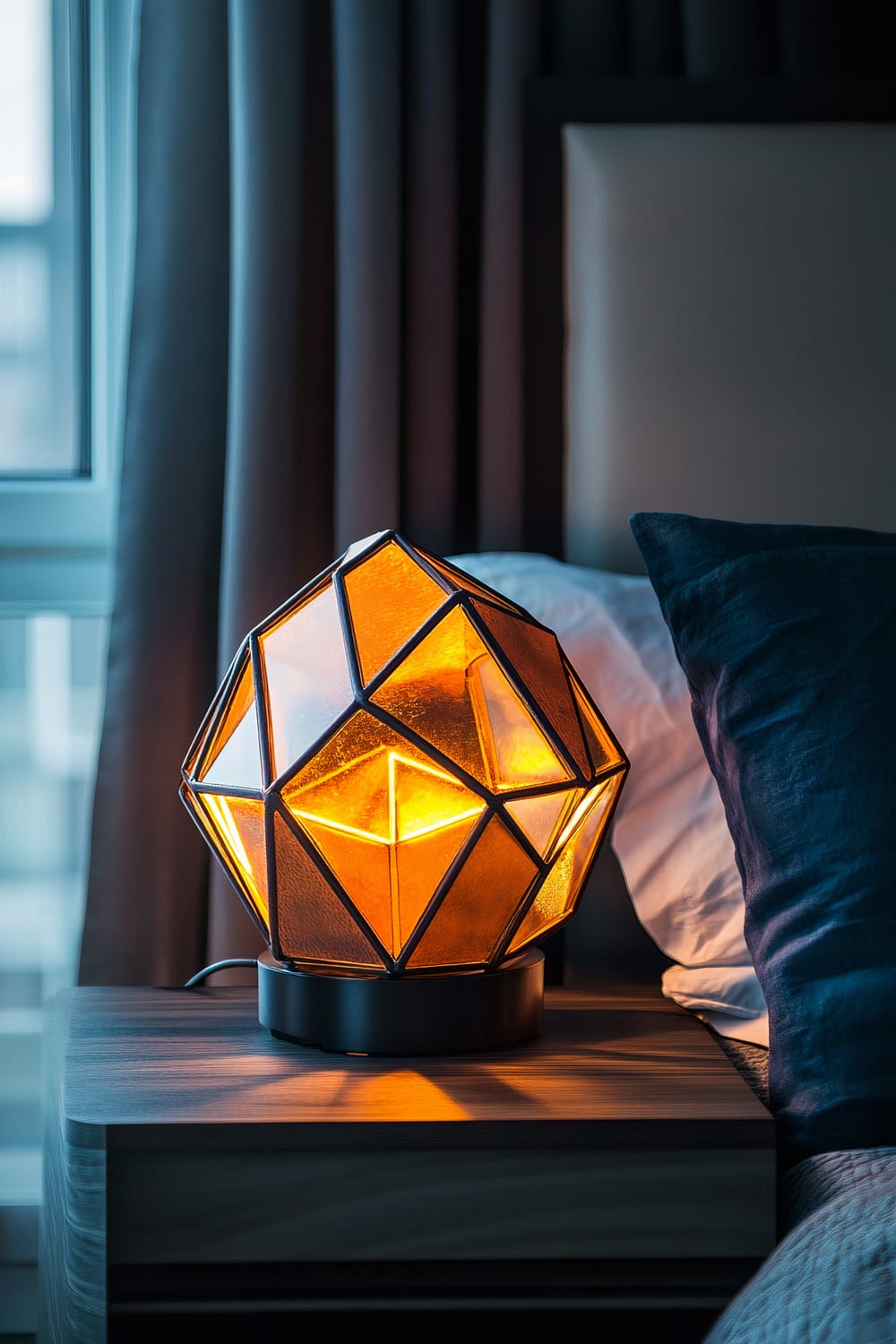 A chic bedroom scene highlighting an alchemy-inspired table lamp with geometric shapes and glowing accents, placed on a sleek wooden bedside table. The color scheme of the lamp is bold copper and black, with focused lighting illuminating its intricate details, providing a clean and modern design. In the background, there is a window with curtains and a part of the bed with a dark pillow visible.