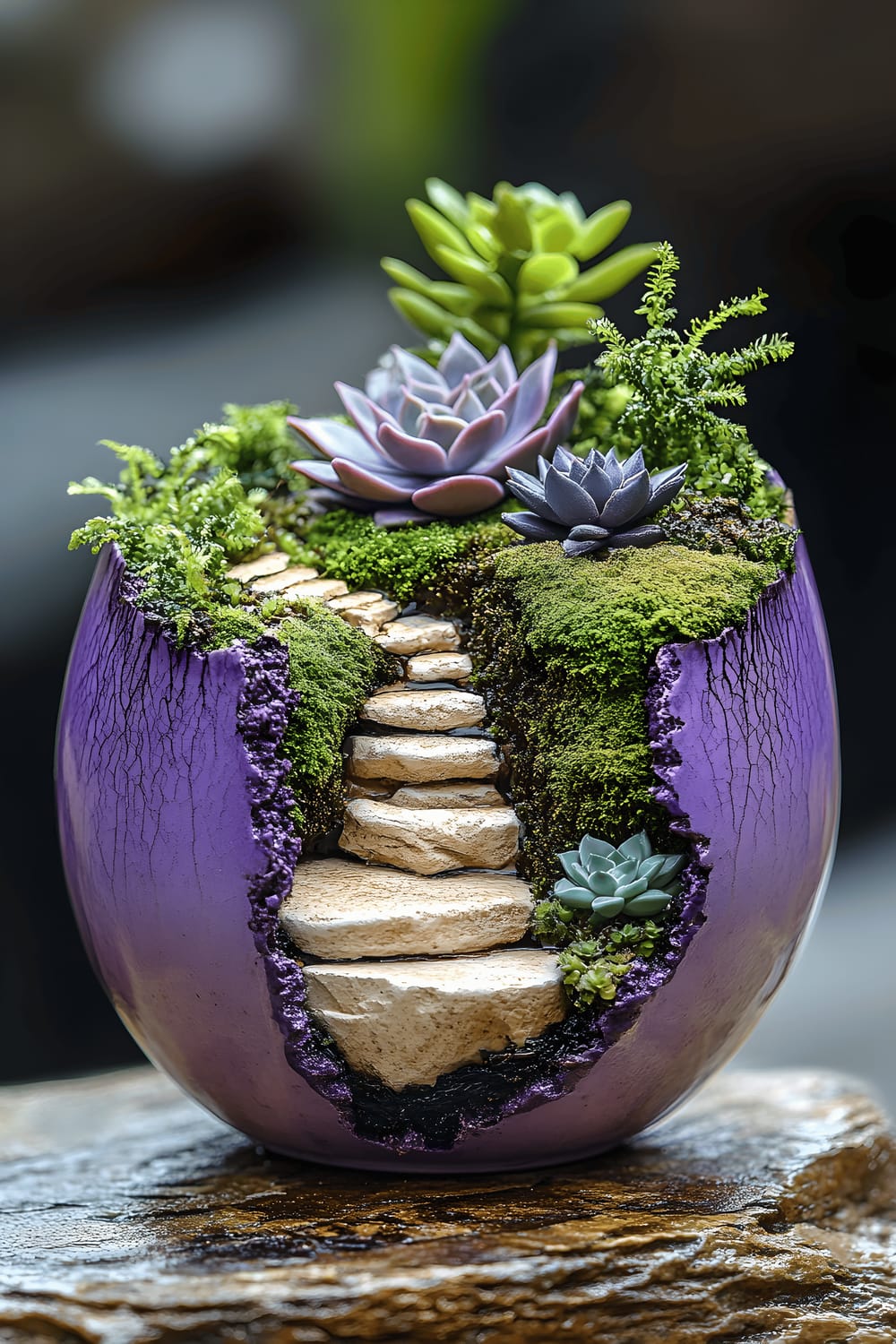 A delicate purple pottery teacup from Jianshui, Yunnan, hosting a micro landscape of moss, succulents, other greenery, and a petite limestone path nestled within.