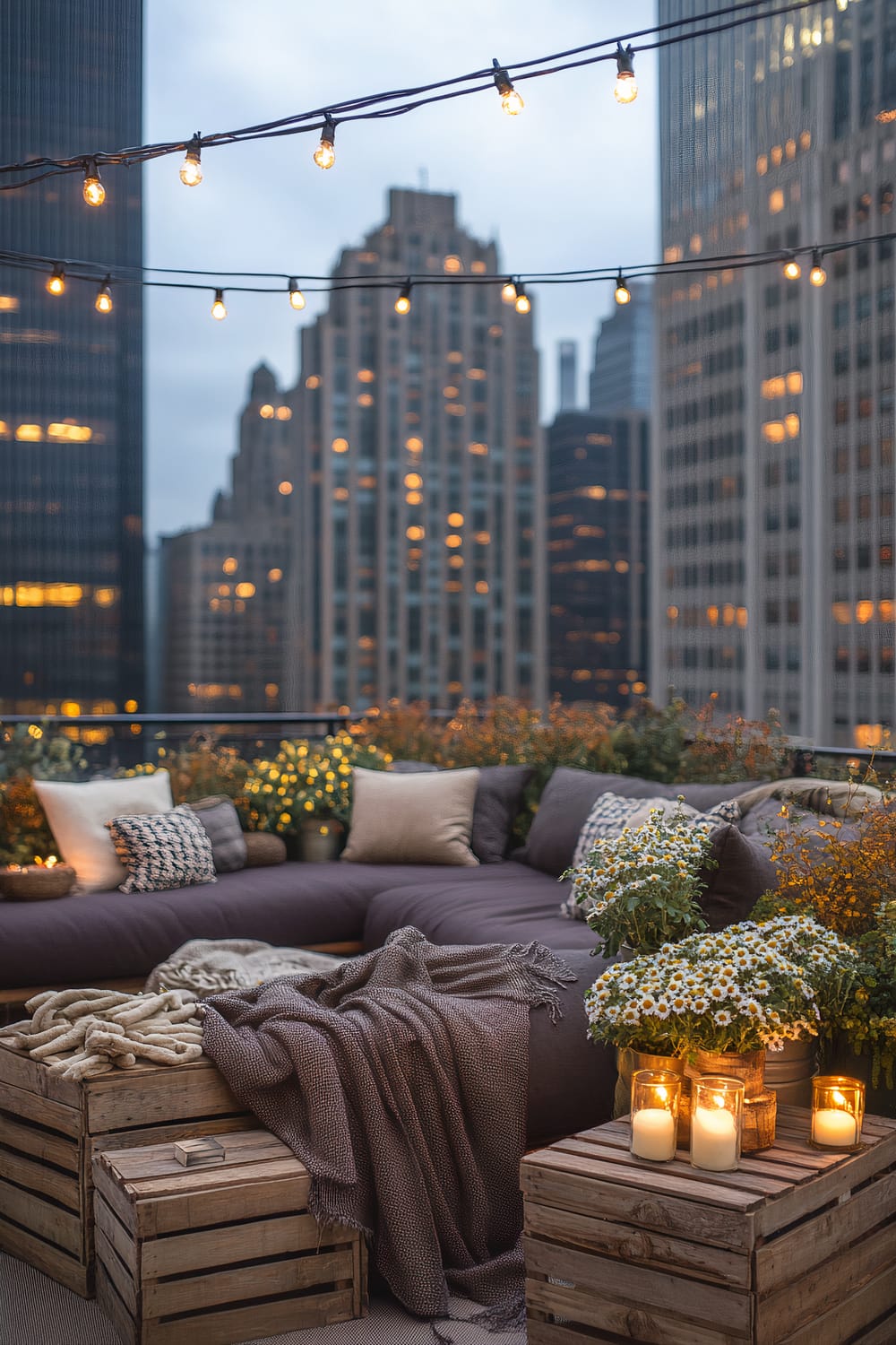 A rooftop lounge area with a large sectional sofa covered in plush cushions, surrounded by wooden crates holding blankets and candles. Fairy lights are strung overhead, and the edges are adorned with potted plants and flowers. Tall city buildings are visible in the background.