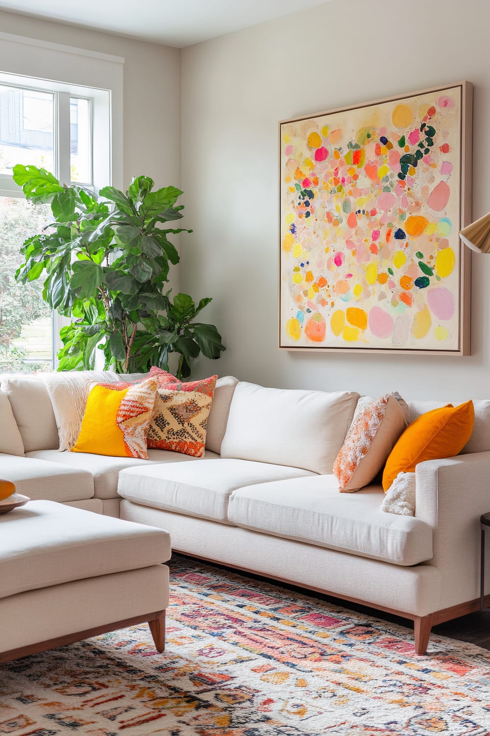 A Scandinavian-inspired living room featuring a cream sectional sofa adorned with colorful throw pillows. The room's focal point is a large piece of modern art with vibrant colors such as orange, yellow, and pink. A geometric patterned rug enhances the floor, while a tall leafy plant near the window adds a touch of greenery to the space.