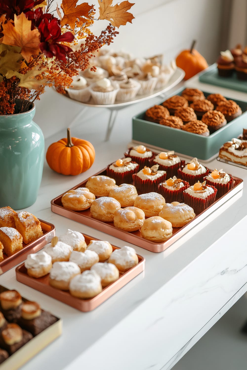 A minimalist Thanksgiving dessert display on a sleek white countertop. There are copper dessert trays filled with pastries and treats in vibrant autumn colors such as deep reds and golden yellows. Teal ceramic serving dishes hold additional desserts. The scene is decorated with small wooden pumpkins, autumn leaves, and a vase of autumnal flowers. Strong natural lighting highlights the rich colors and elegant presentation.