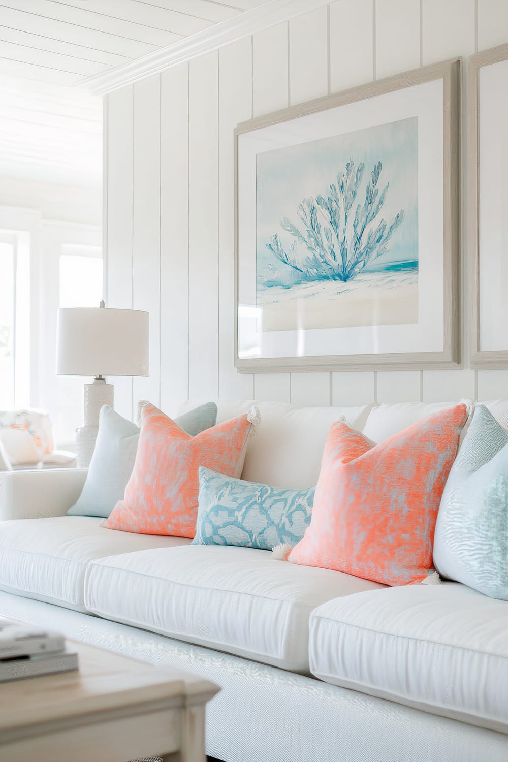 An airy living room with a white shiplap wall adorned by a framed painting of an underwater coral scene. A white sofa is accessorized with colorful cushions in shades of coral and aqua. A side table with a white lamp complements the coastal theme.