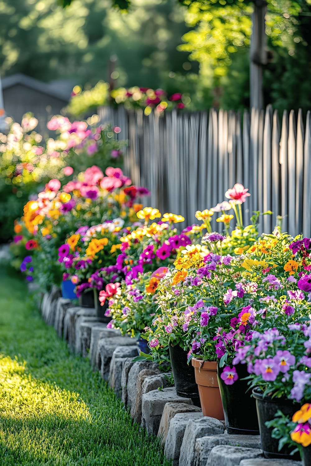 A meticulously organized garden sprawled out along a rustic wooden fence, showcasing an array of vibrant flower-filled pots and stone-bordered flower beds.