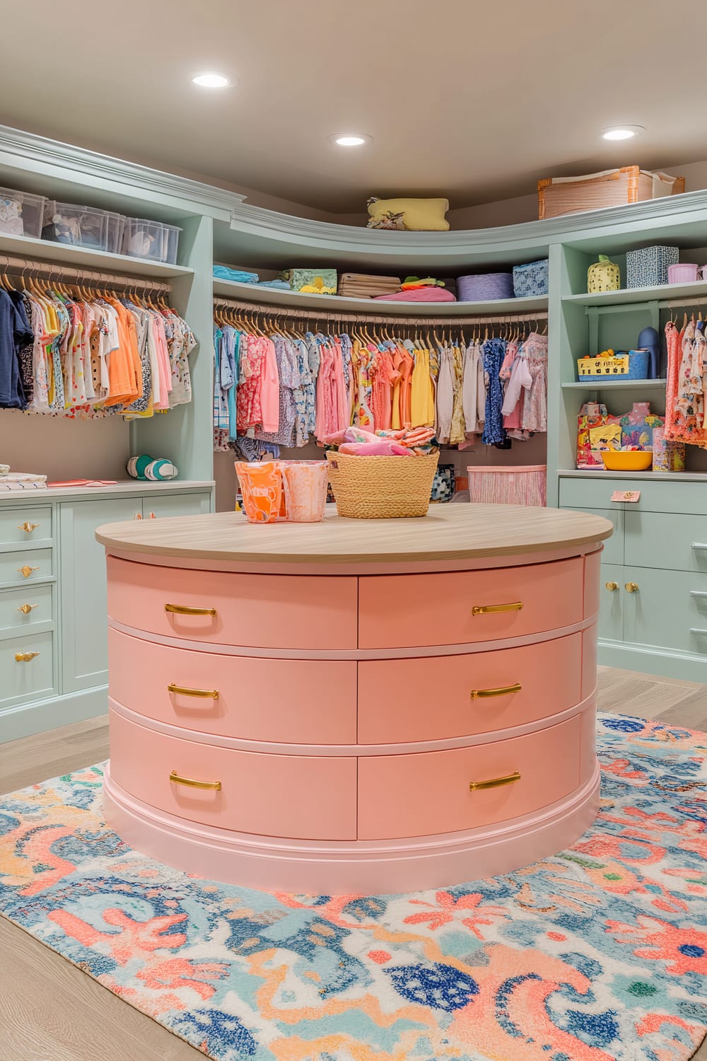 A child-friendly walk-in closet with soft pastel cabinetry wrapping around three walls. Centered is a low-height island with a smooth rounded top and colorful drawers. The closet is filled with neatly arranged clothes, shoes, and bins. Hooks hold jackets and backpacks, and a playful patterned rug is beneath the island. Warm recessed lighting creates a soft glow.