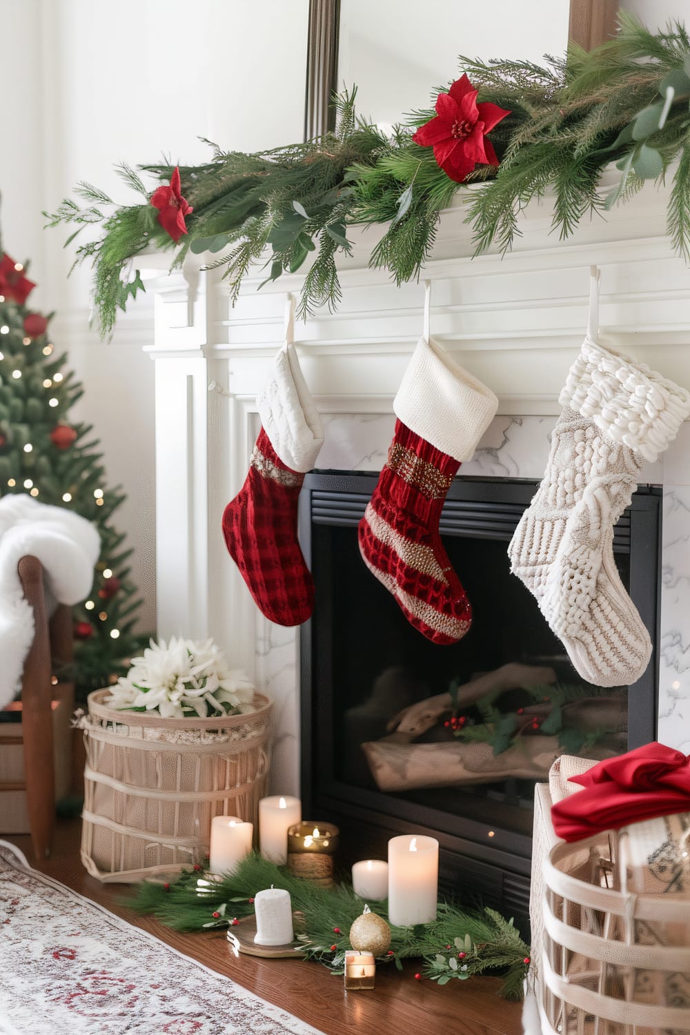 A fireplace mantel decorated with festive greenery and red poinsettias, with three Christmas stockings hanging from it. Below the mantel, there are several lit candles and green sprigs with red berries on the floor. A decorated Christmas tree is visible to the left, partially framed in the image. A wicker basket with a large white floral arrangement is placed next to the fireplace, along with a cozy blanket draped over a wooden chair.