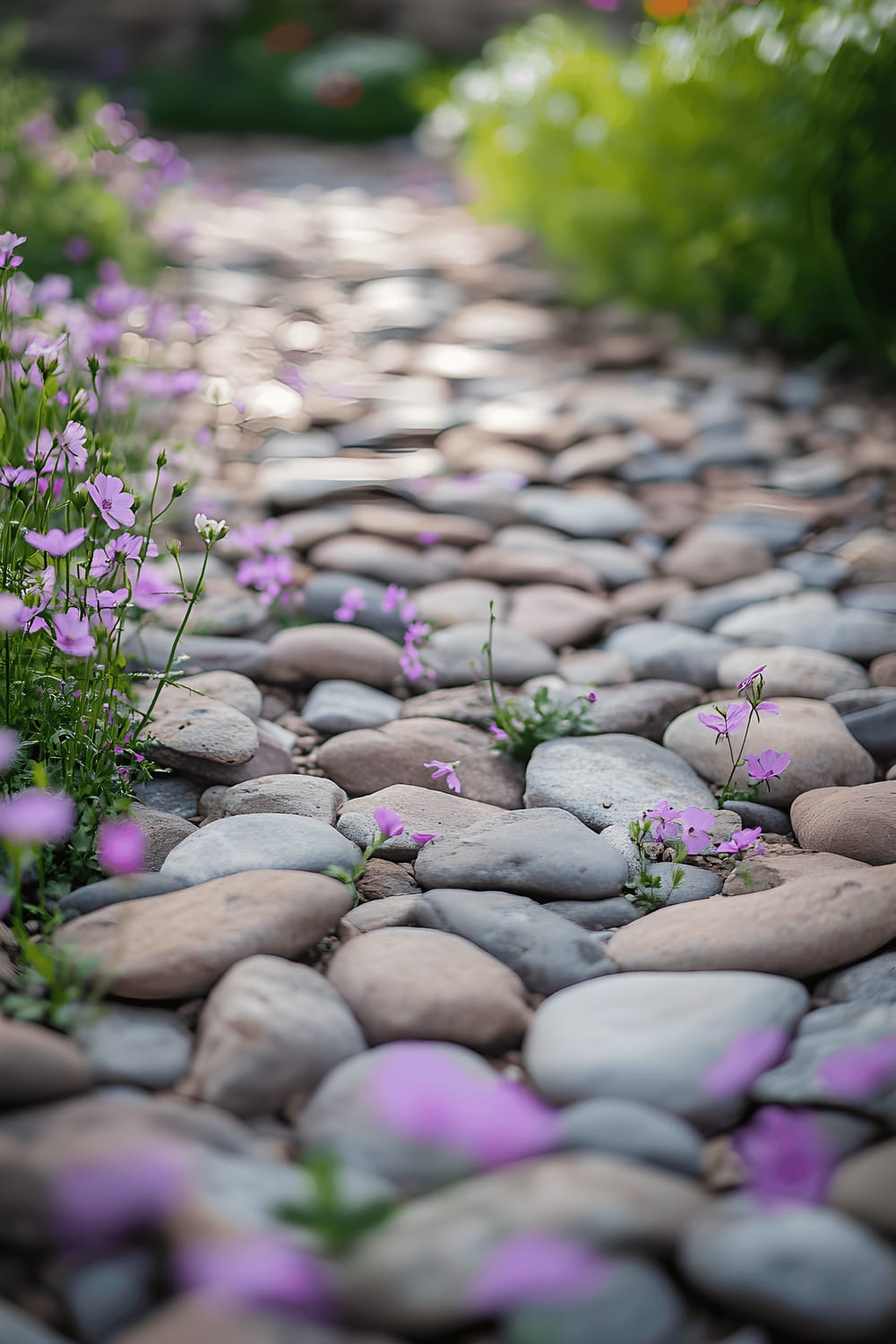 A picturesque cottage garden with an irregular-shaped river rock path cutting through floral beds filled with pastel-colored wildflowers in full bloom. The setting is bathed in soft afternoon light.