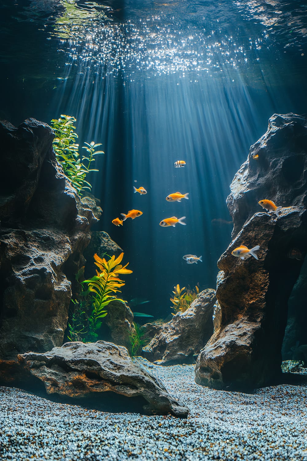 A fish tank with a central rocky landscape featuring natural caves and crevices. The tank has minimal plant life, with a few green and orange-yellow plants scattered along the bottom. Small orange and white fish swim throughout the tank. The light focuses on the rocky centerpiece, creating dynamic shadows and a serene ambiance.