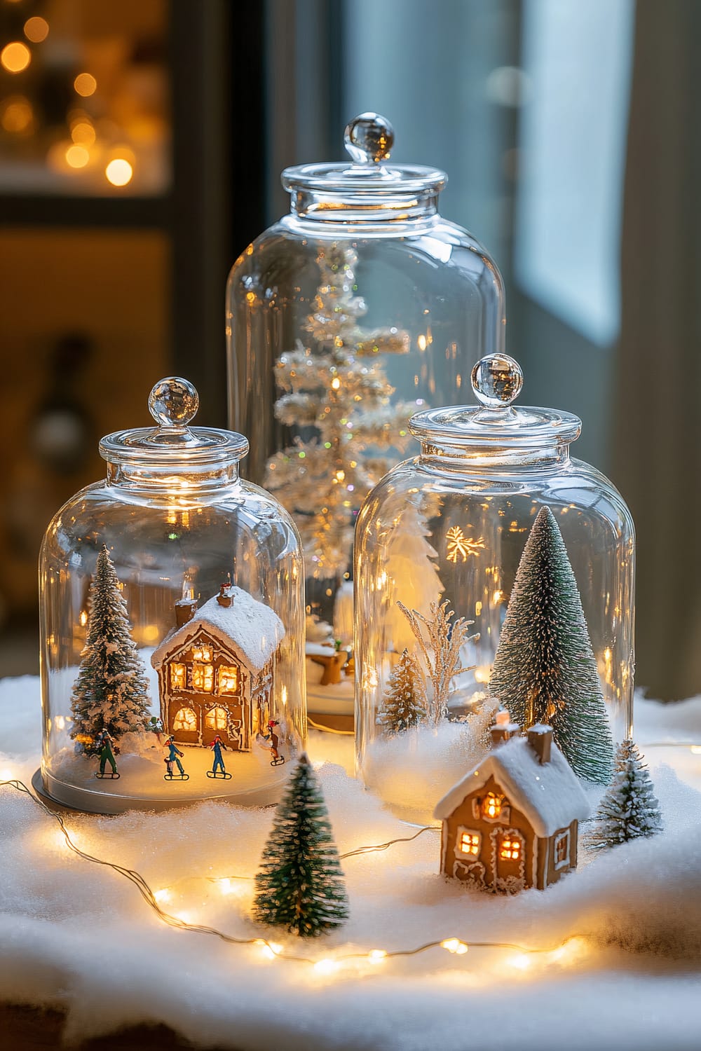 Three clear glass jars containing illuminated miniature winter scenes, featuring snowy trees, houses, and figurines on a snow-covered surface adorned with soft string lights.