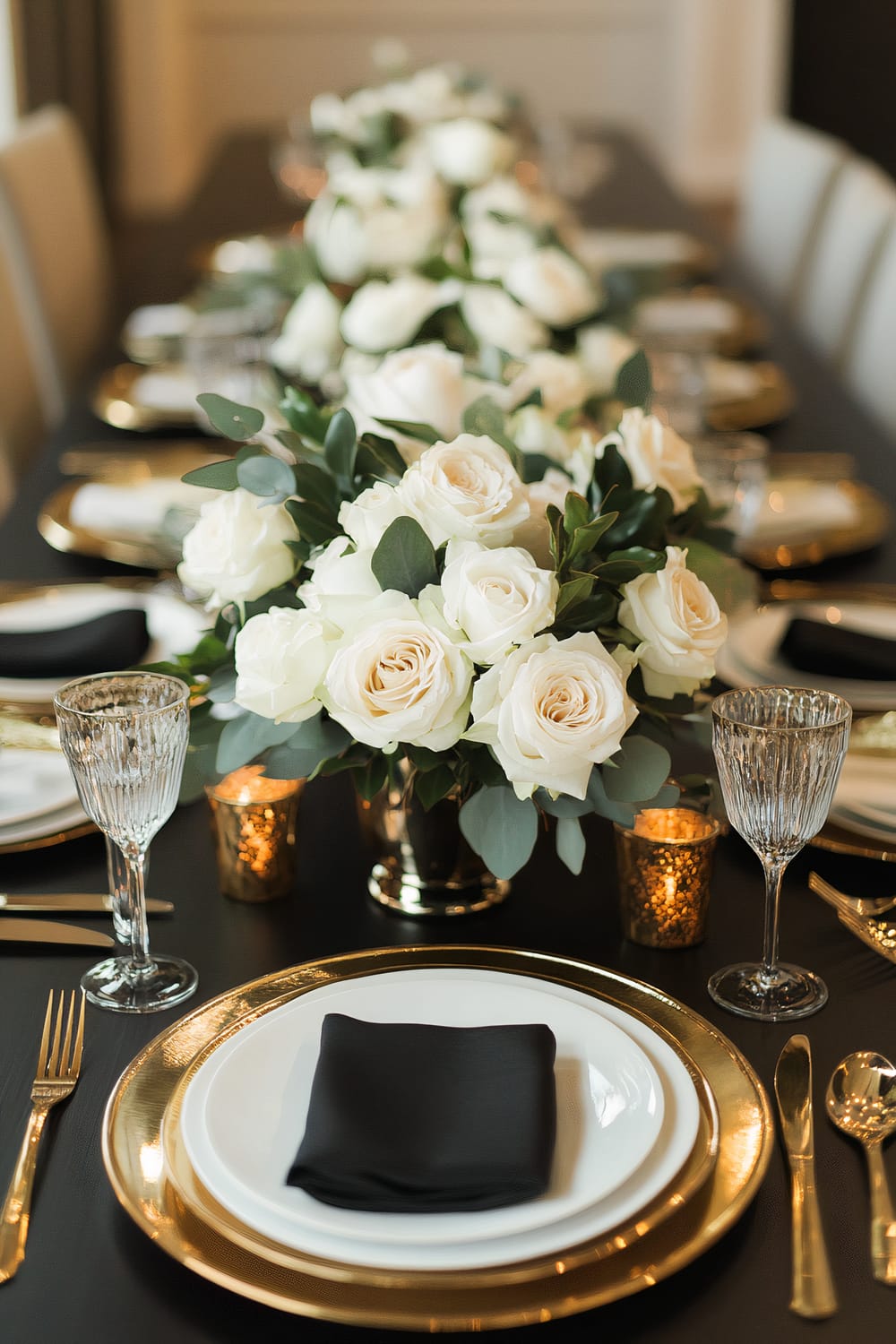 An elegantly set long dining table featuring a row of white roses in lush green foliage arranged in vases and surrounded by white plates with gold rims, black napkins, gold cutlery, and crystal glassware.