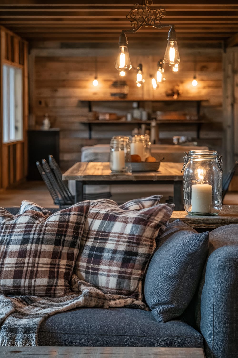 A warm, rustic man cave with a farmhouse-style pole barn loft. The image features a distressed wooden sofa decorated with plaid throws and cushions. In the background, a farmhouse dining table with three chairs and a vintage chandelier is visible. Mason jar lamps are placed on a side table, adding to the cozy, rustic ambiance. The space is well-lit with warm lighting, showcasing its uncluttered and homey decor.