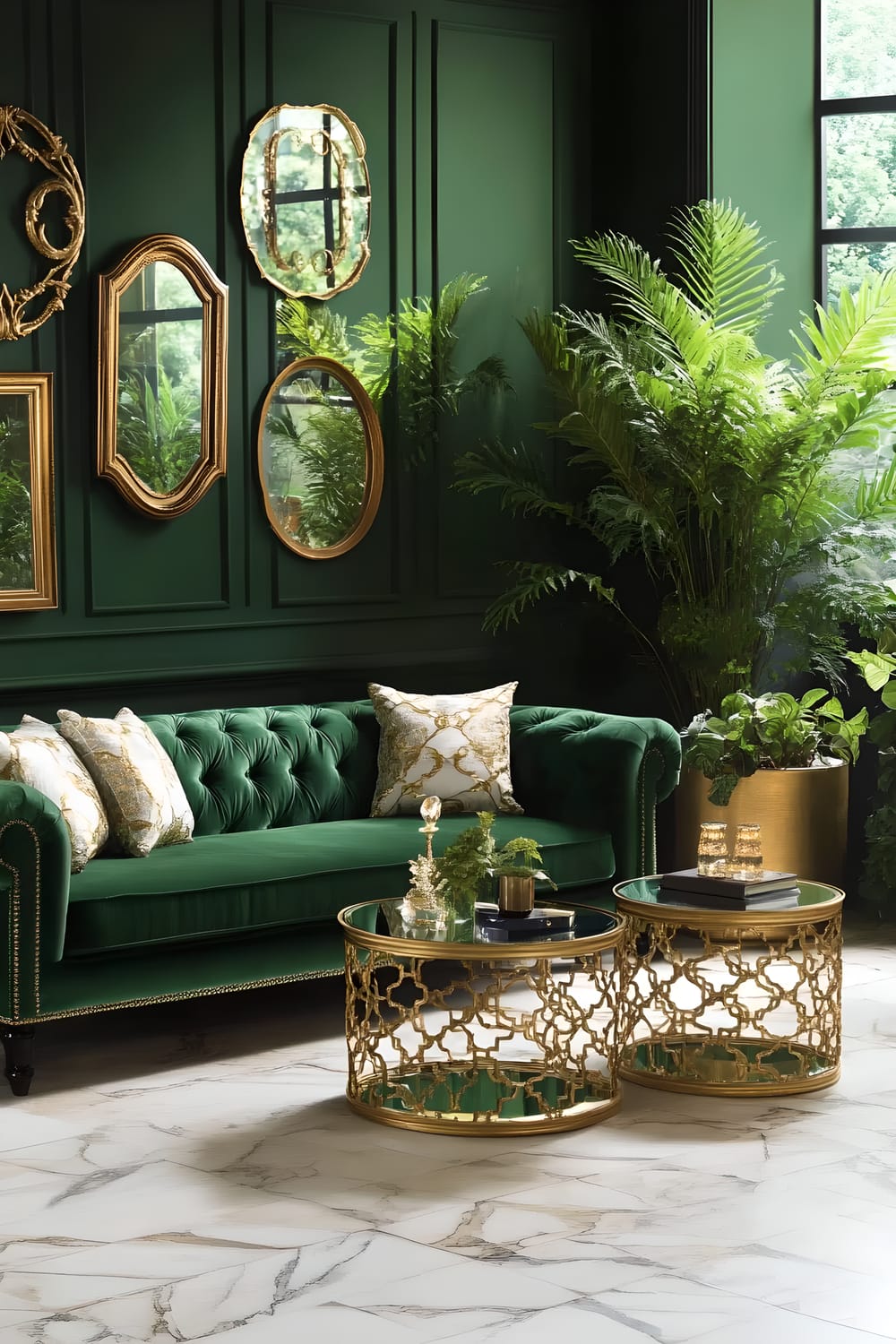 An interior view of an elegant living room. The main feature is a luxurious emerald green velvet sofa standing against dark green walls adorned with vintage gold-framed mirrors. The flooring is light-colored marble that nicely contrasts the dark walls. Antique gold side tables and table lamps are also present. The room is accentuated with plants including large monstera leaves tucked in gold ceramic pots. A bay window allows natural light to flood the space.