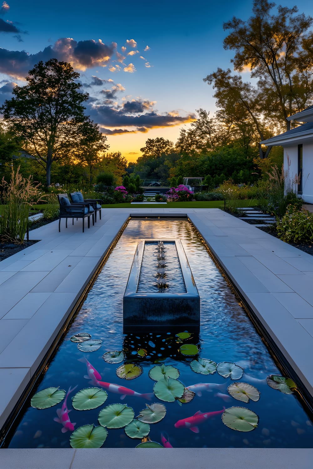 A serene image of a modern garden pond during twilight. The rectangular pond is bordered by white decking and filled with clear blue water, accented by a sleek fountain in the center. Smooth river stones are spread in the pond along with vibrant green lily pads. Several colorful koi fish are visible beneath the surface. The area around the pond features contemporary black metal benches facing the water. The scene is softly illuminated with ambient light, creating a peaceful atmosphere.