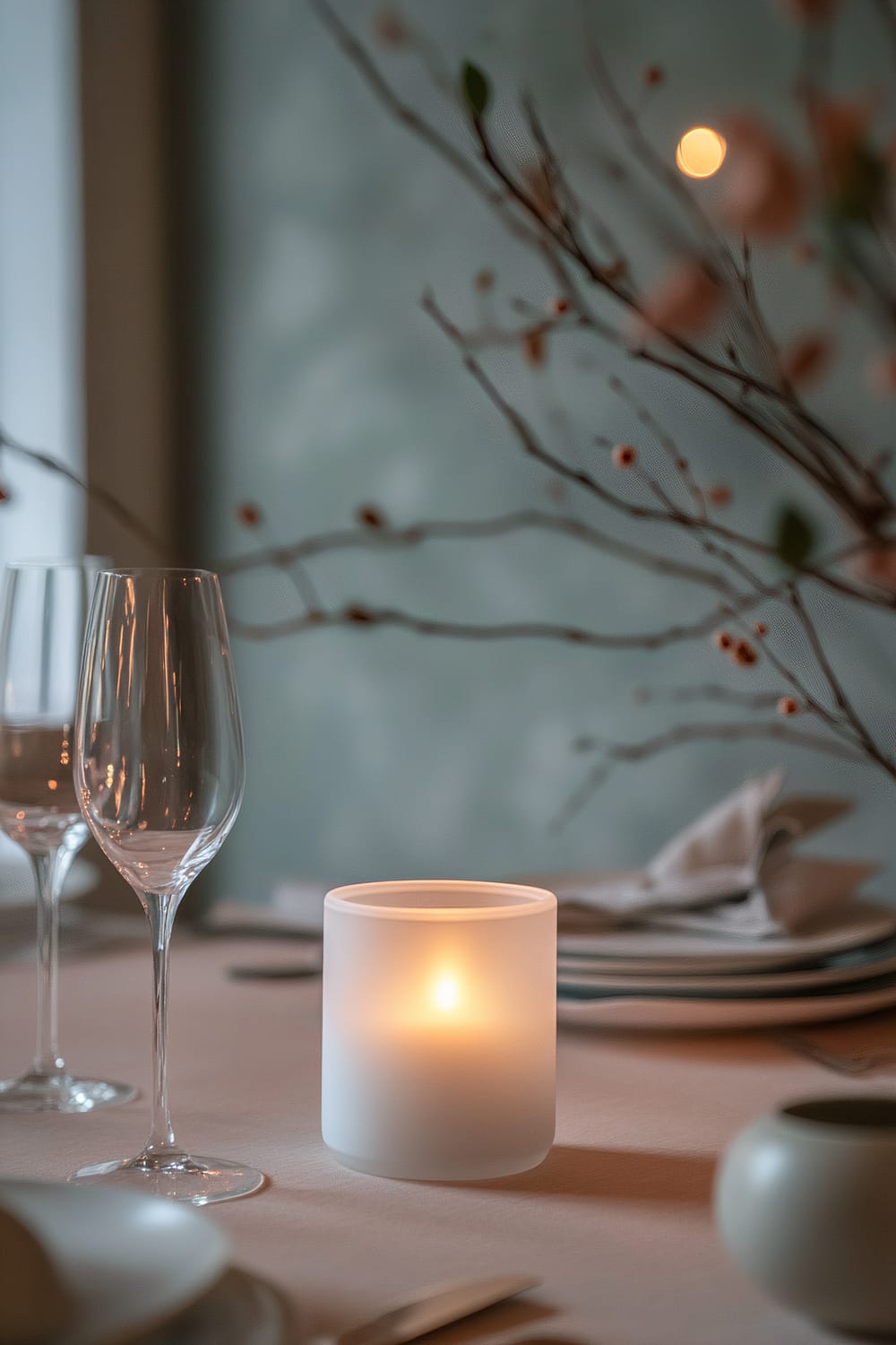 A pristine white frosted glass candle holder glowing warmly on a peach-colored dining table. The setting includes neatly arranged glassware and plates, complemented by decorative branches with small flowers. The backdrop features soft pastel walls.