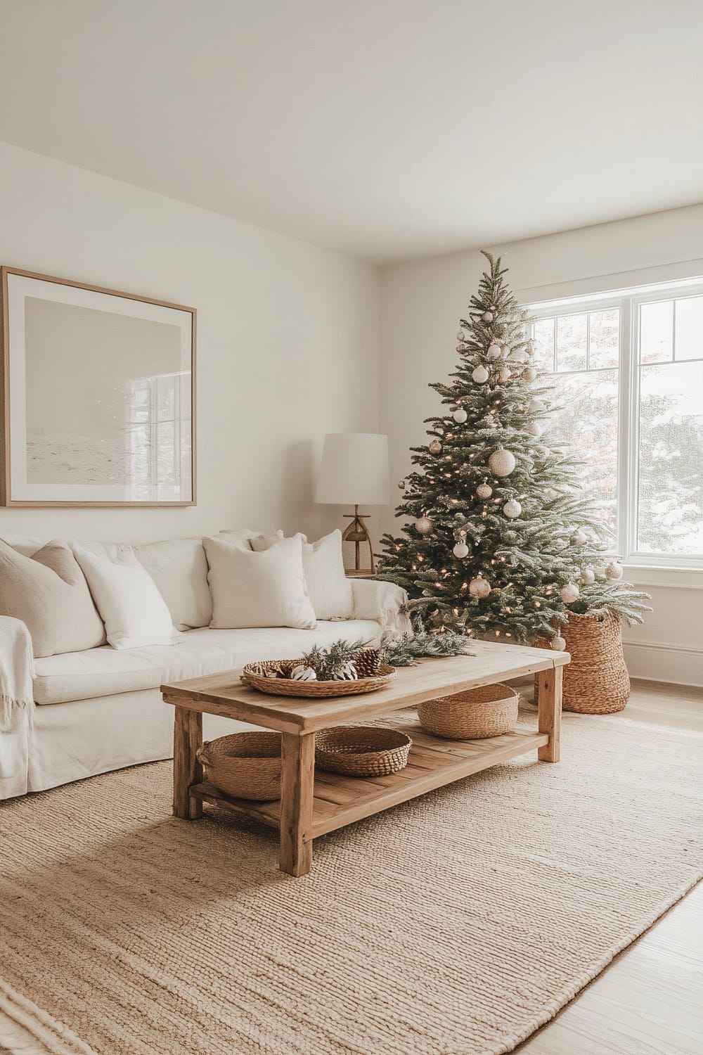 A minimalist living room decorated for the holiday season, featuring a Christmas tree placed near a window. The room includes a white sofa with beige cushions, a large wooden coffee table with woven baskets on its lower shelf, and a natural fiber rug. On the coffee table, there are a few decorative elements, and a floor lamp is situated next to the sofa. A framed artwork hangs on the wall above the sofa.