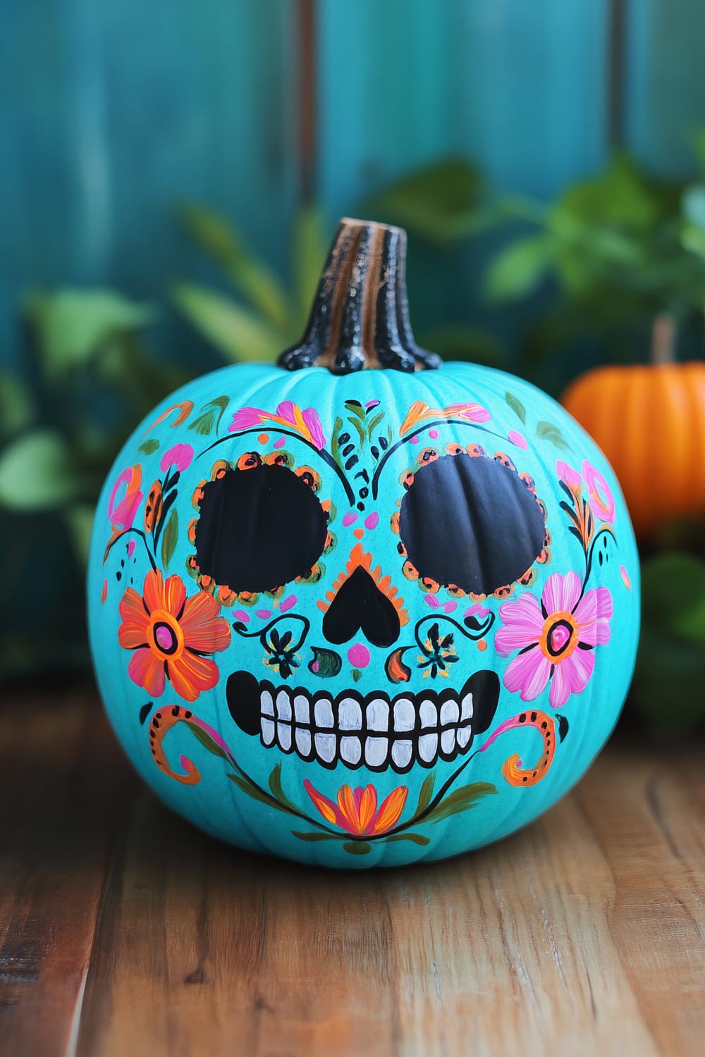 A teal and vibrantly decorated pumpkin painted to resemble a sugar skull. The design includes black, pink, orange, and green hues forming intricate floral patterns around the eyes, nose, and mouth. The background is a teal-colored wooden surface with greenery and another orange pumpkin in the blurred background.