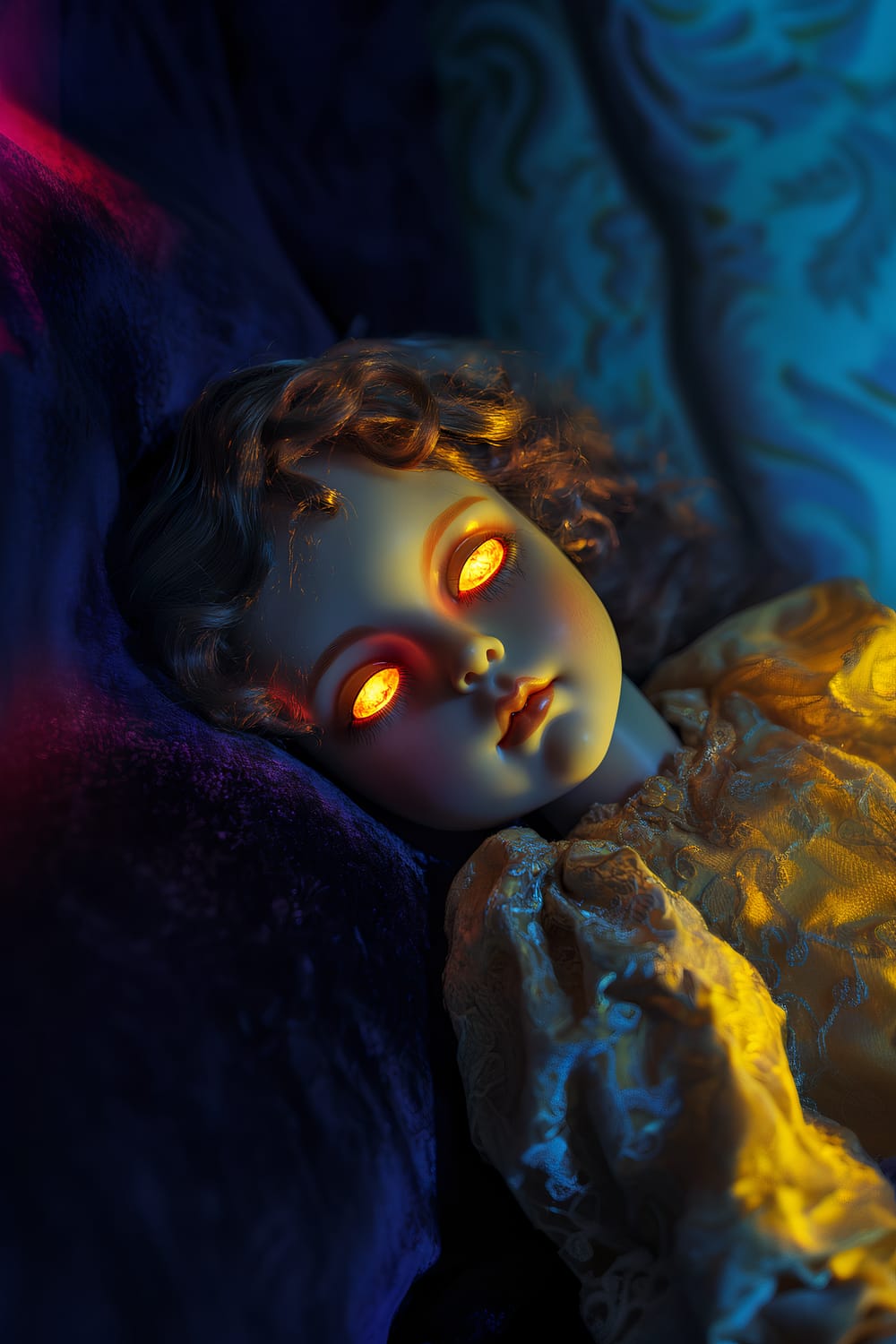 A close-up of an exquisite porcelain doll with glowing amber eyes, resting on a luxurious dark velvet cushion in a stylish bedroom. The doll is illuminated by soft, colored lighting, enhancing its lifelike features against a moody, elegant backdrop. The doll is dressed in an intricate, vintage-style yellow lace gown.