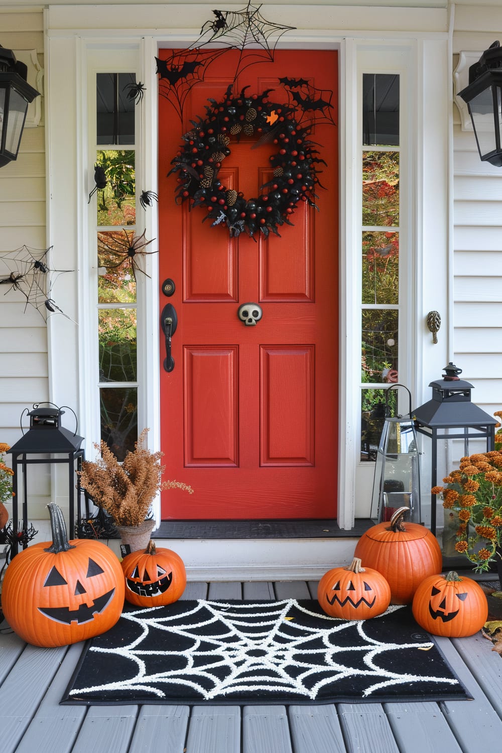 A brightly decorated front porch for Halloween features a vivid red door adorned with a black wreath. The porch is decorated with several jack-o'-lanterns of varying sizes. Black lanterns stand beside the door on both sides, and spider web decorations with faux spiders are attached to the door's frame and surrounding walls. A doormat with a white spider web design rests at the entrance. Potted plants, including orange mums, complete the festive scene.