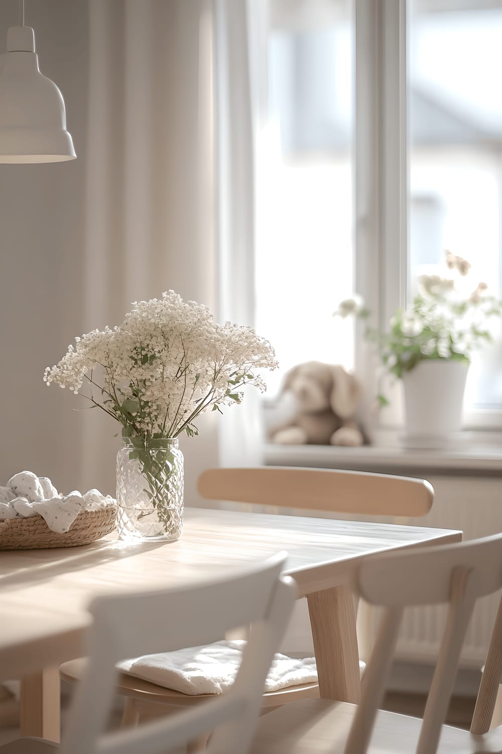 A minimalist Scandinavian dining space featuring a light wooden table with sleek chairs. A bunch of fresh flowers serve as the centerpiece. An oversized window allows for ample natural light and pendant lights hang above the table. The room is decorated in a neutral color palette.