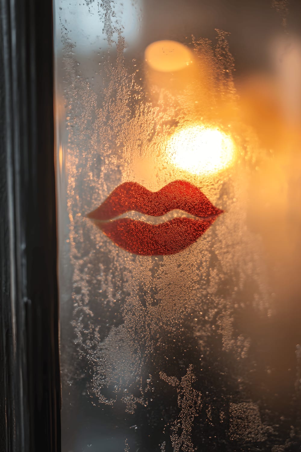 A close-up image of a slightly fogged bathroom mirror reflecting dim, warm ambient lighting, marked with a bold kiss imprint made with red lipstick. The candlelight softly illuminating the elegant bathroom fixtures is also partially reflected in the mirror.